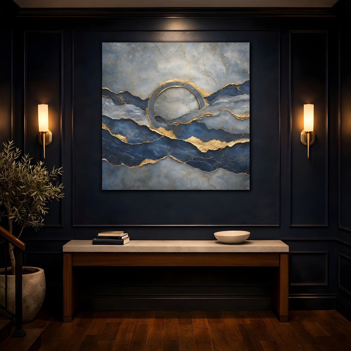 Mockup 4. Abstract Abstract Waves Blue And Gold shown as stretched canvas wall art