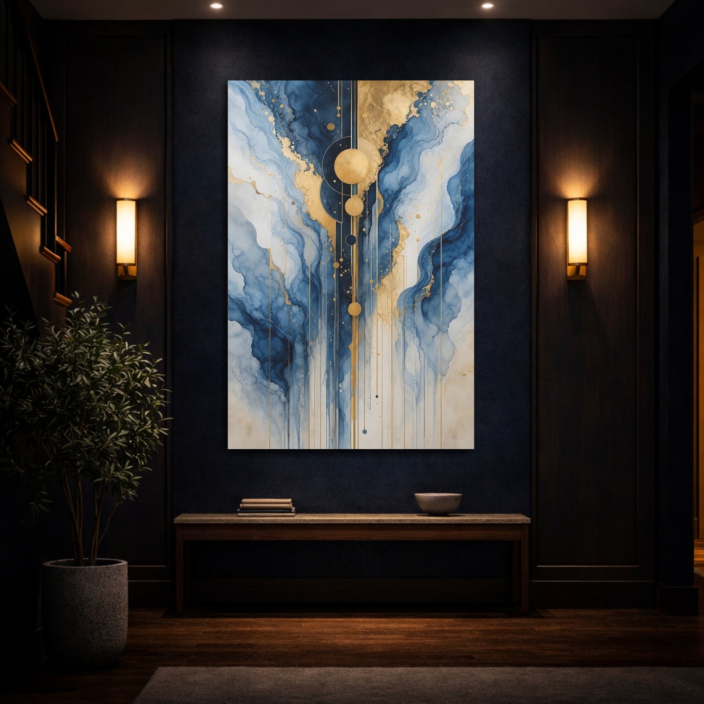 Mockup 4. Abstract Abstract Waves Blue And Gold shown as stretched canvas wall art