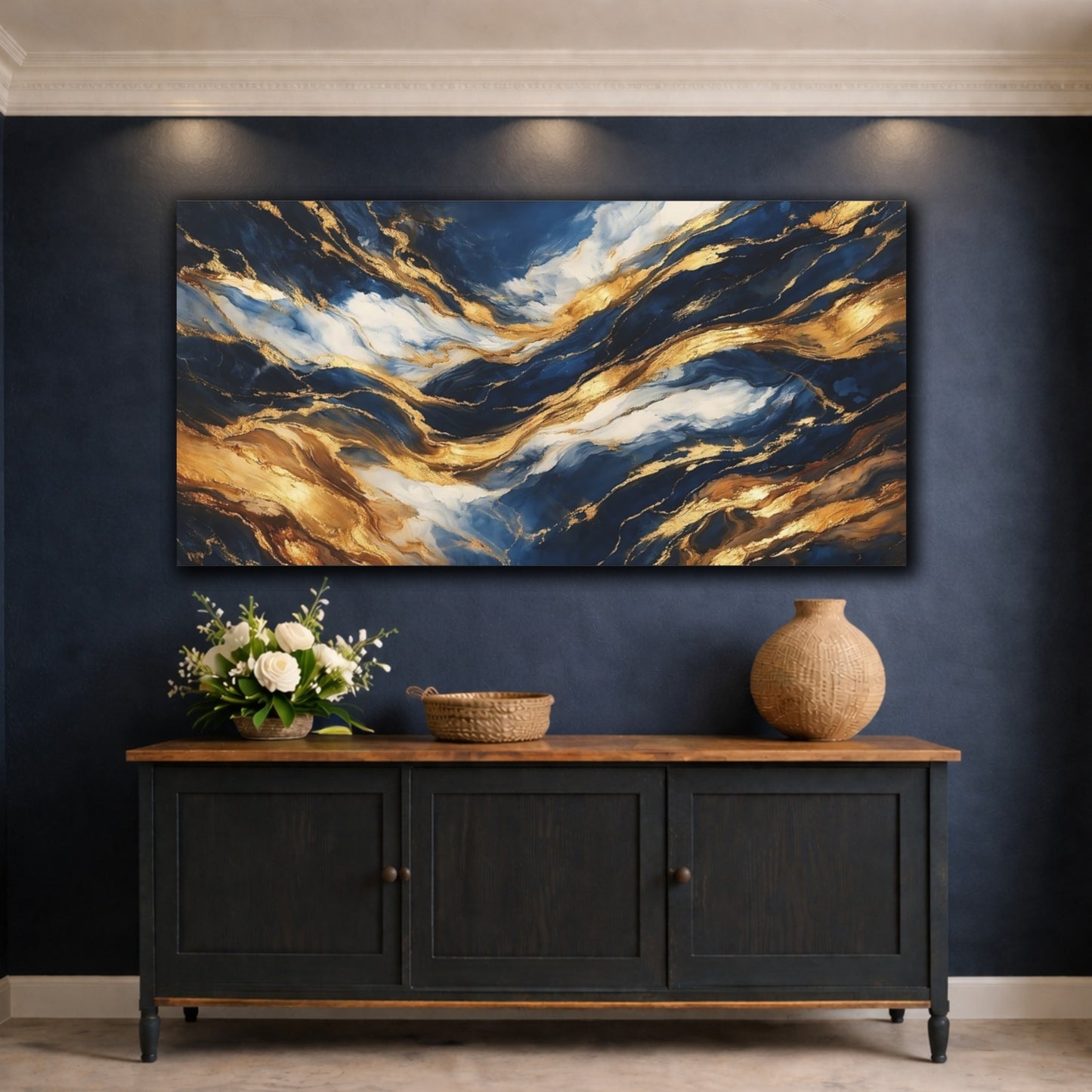 Mockup 4. Abstract Abstract Waves Blue And Gold shown as stretched canvas wall art
