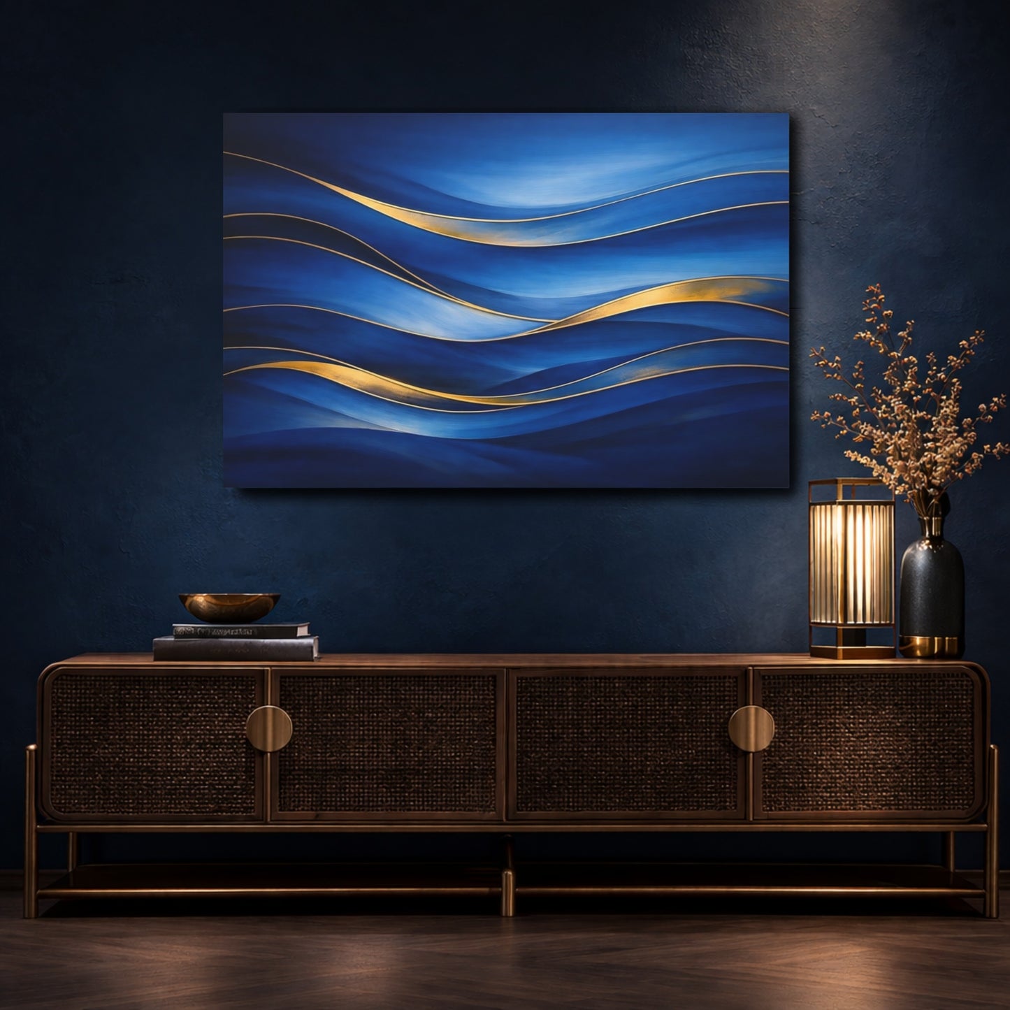 Mockup 4. Abstract Abstract Waves Blue And Gold shown as stretched canvas wall art