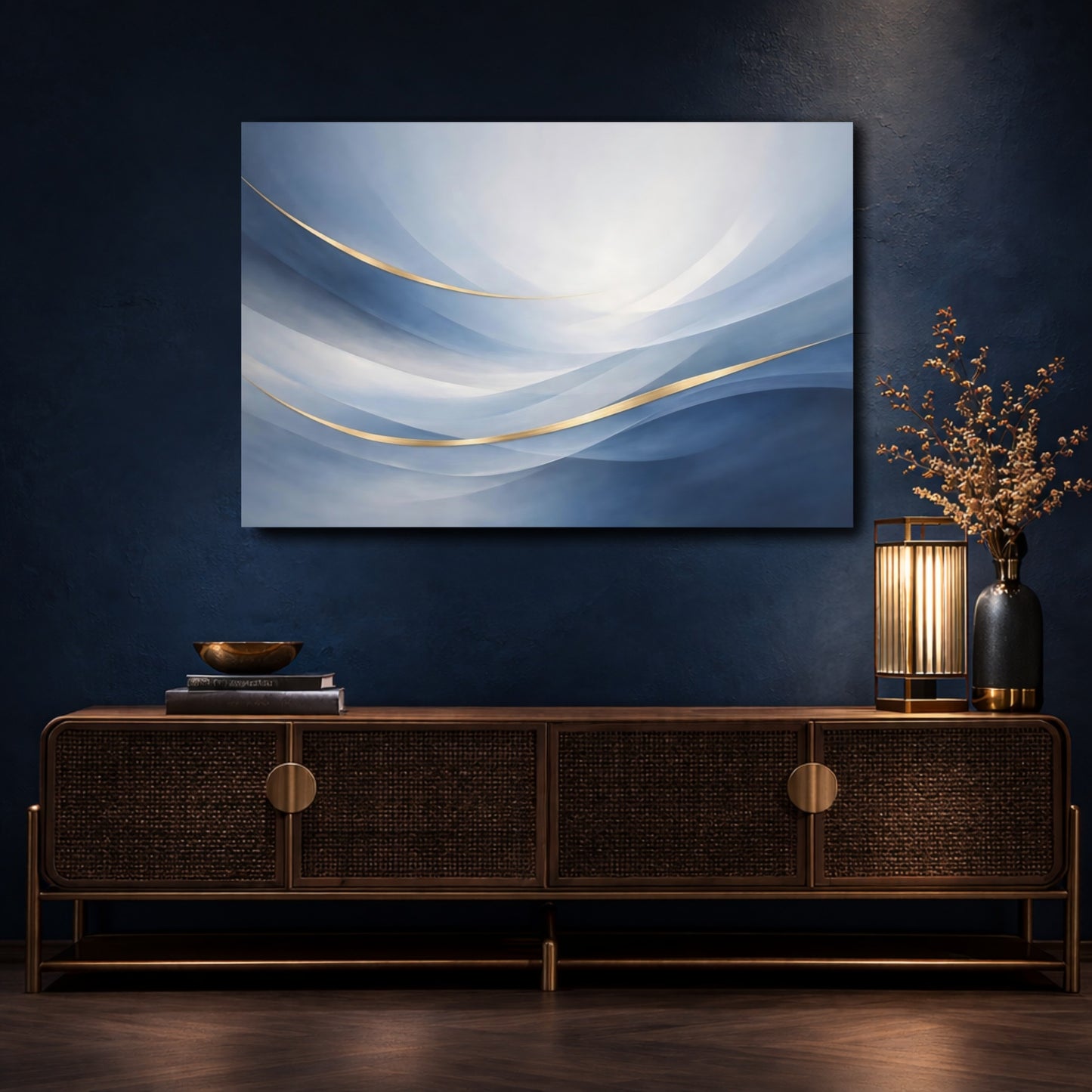 Mockup 4. Abstract Abstract Waves Blue And Gold shown as stretched canvas wall art