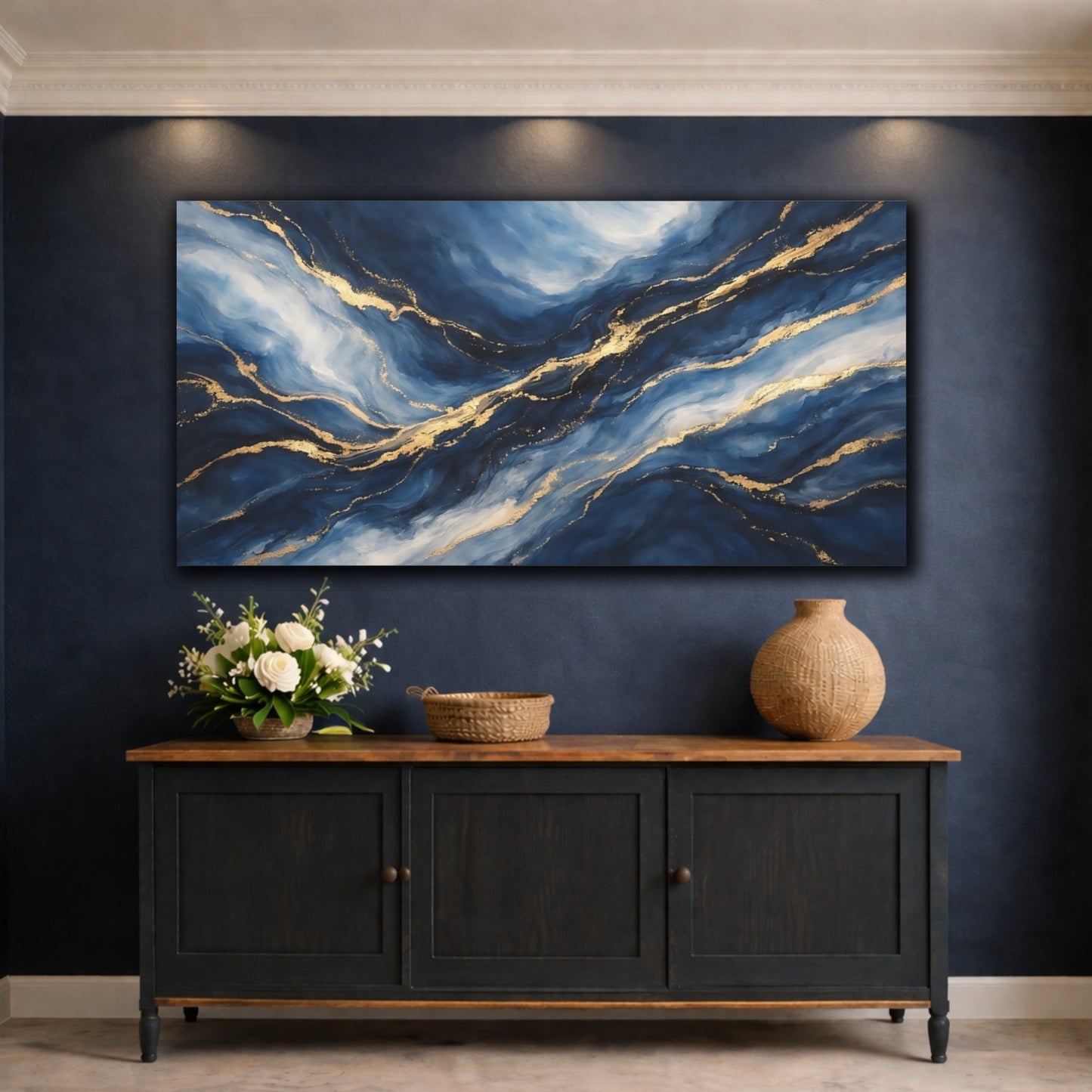 Mockup 4. Abstract Abstract Waves Blue And Gold shown as stretched canvas wall art