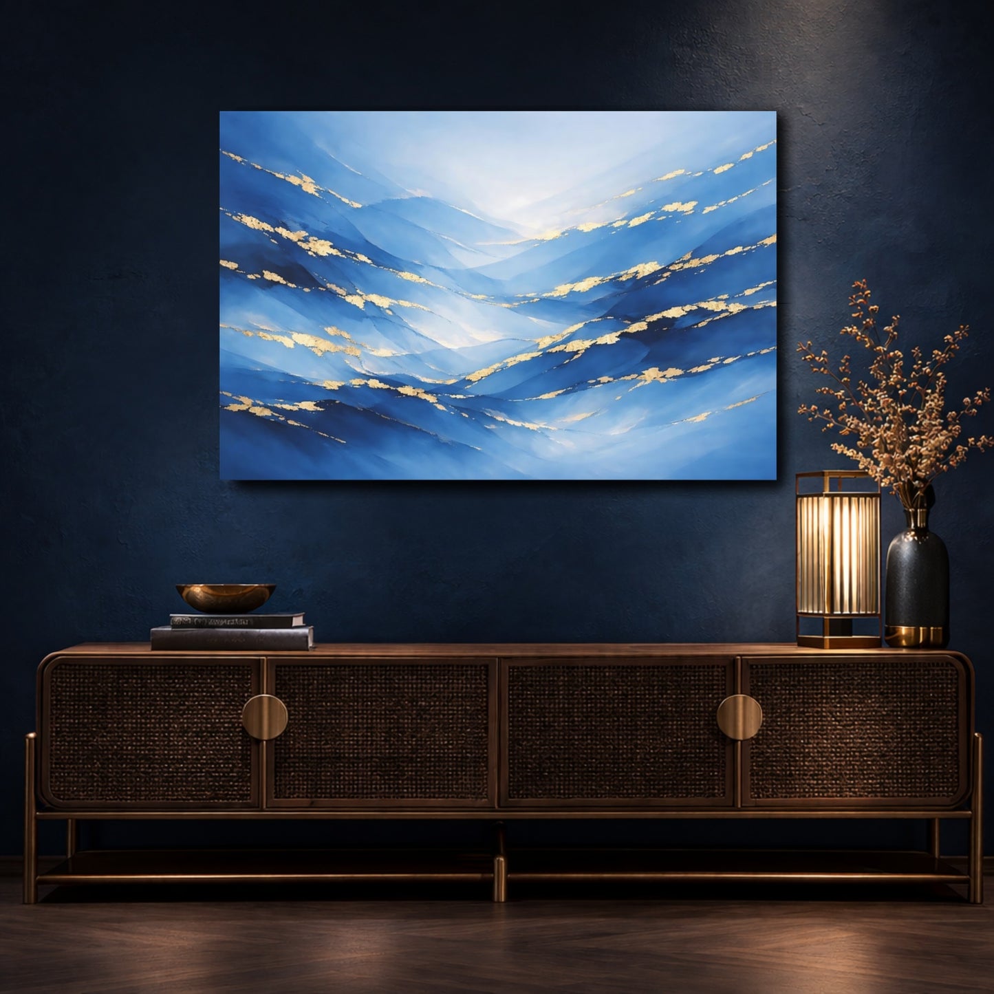 Mockup 4. Abstract Abstract Waves Blue And Gold shown as stretched canvas wall art