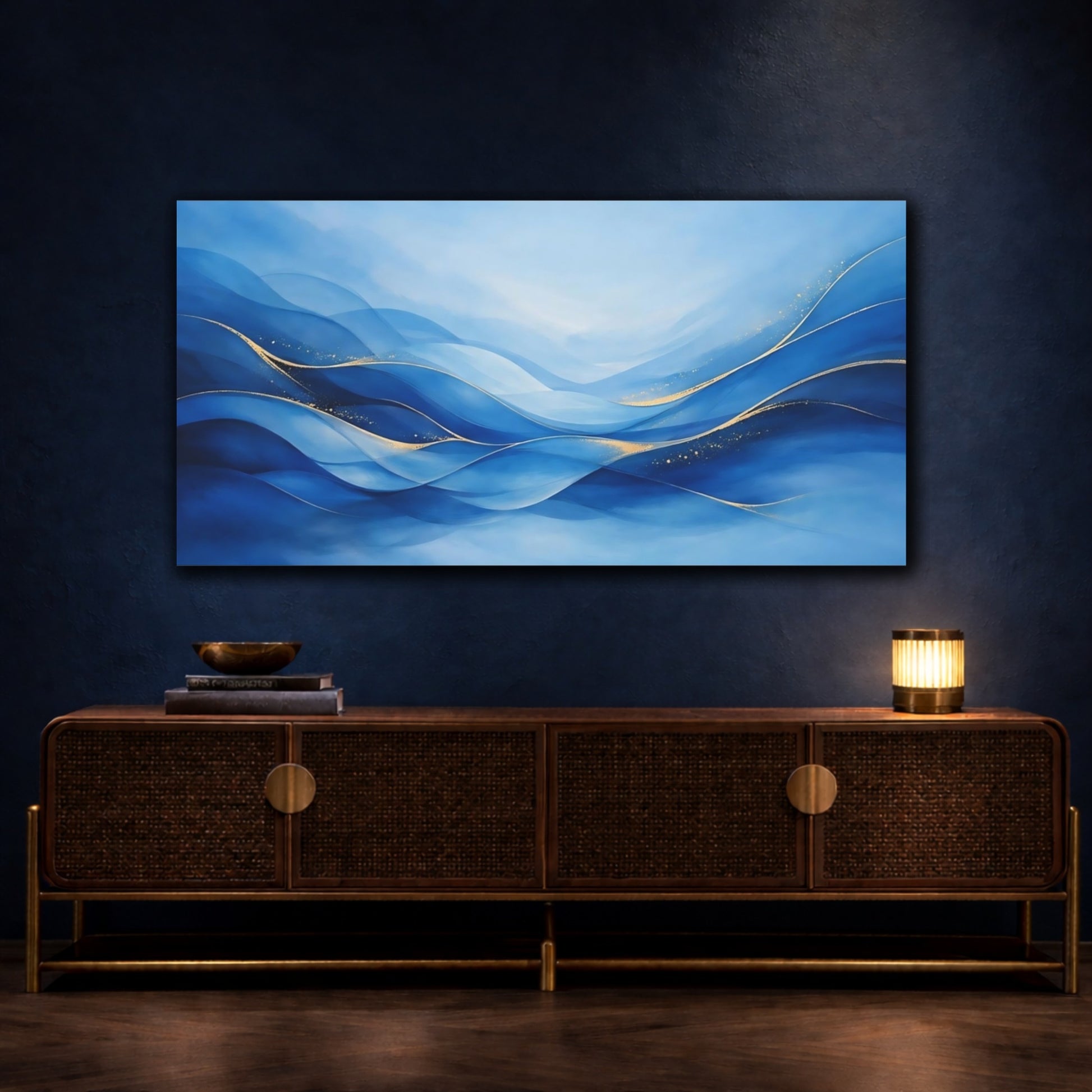 Mockup 4. Abstract Abstract Waves Blue And Gold shown as stretched canvas wall art
