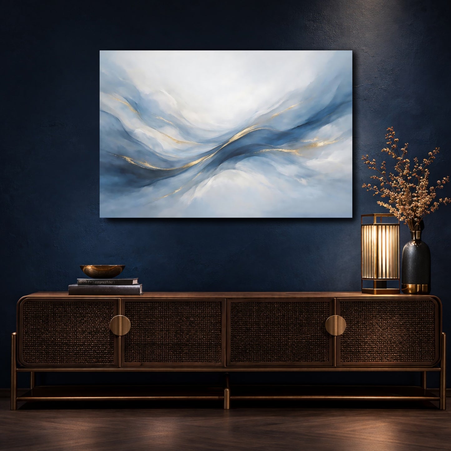 Mockup 4. Abstract Abstract Waves Blue And Gold shown as stretched canvas wall art