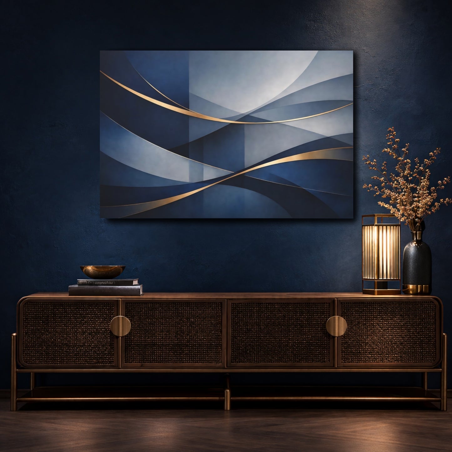 Mockup 4. Abstract Abstract Waves Blue And Gold shown as stretched canvas wall art