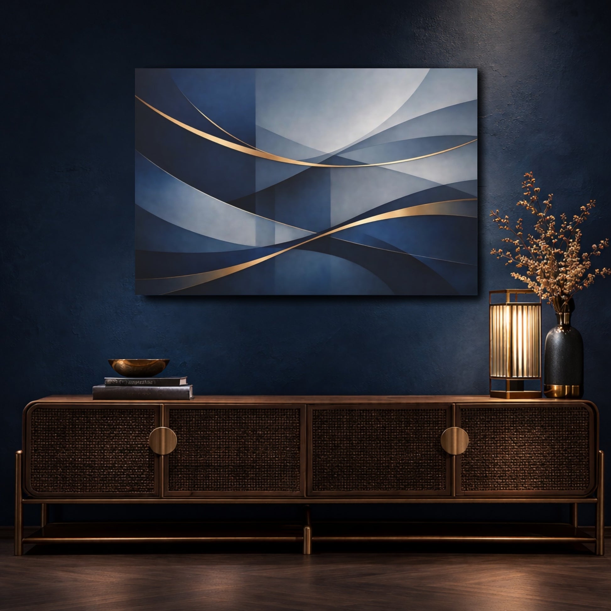 Mockup 4. Abstract Abstract Waves Blue And Gold shown as stretched canvas wall art