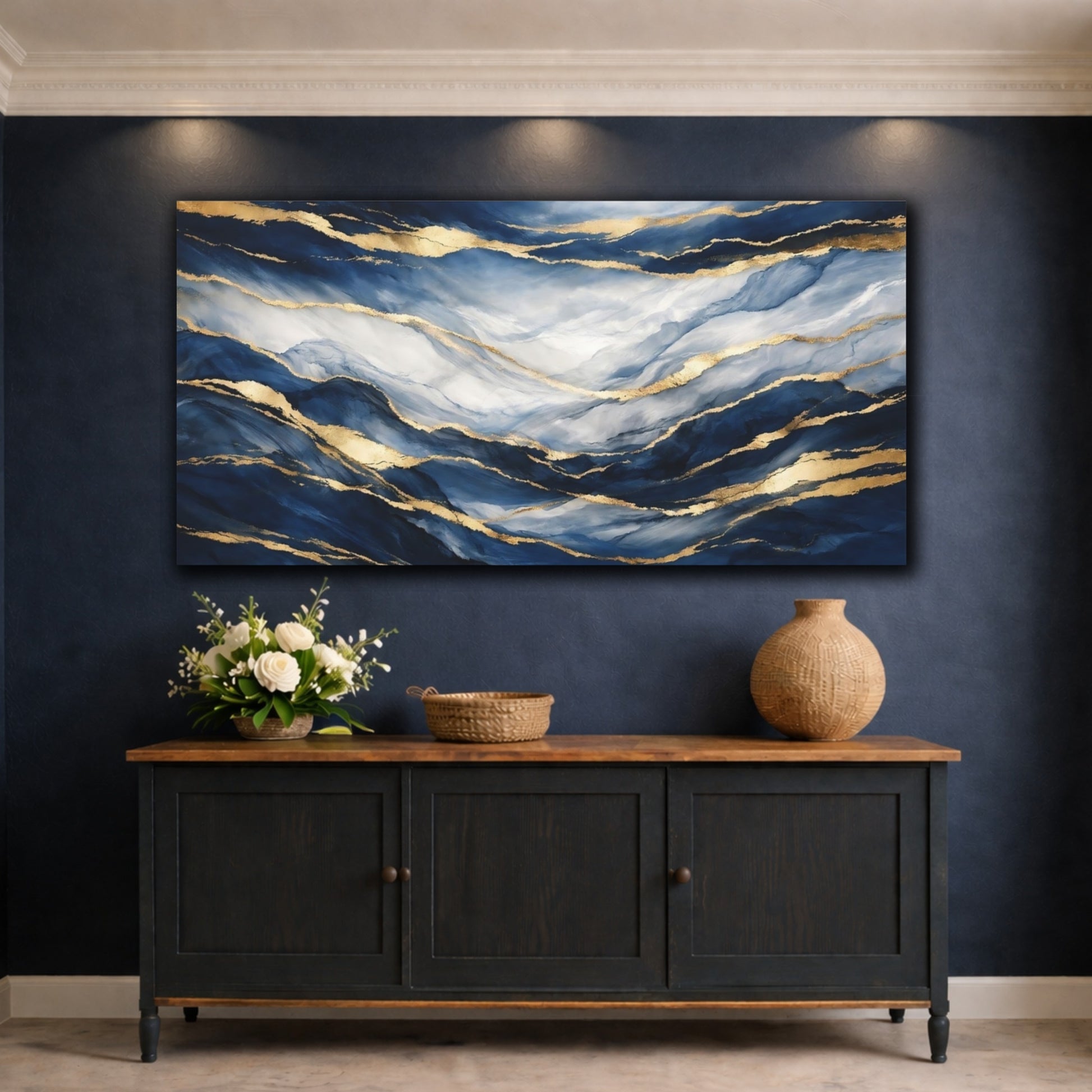 Mockup 4. Abstract Abstract Waves Blue And Gold shown as stretched canvas wall art