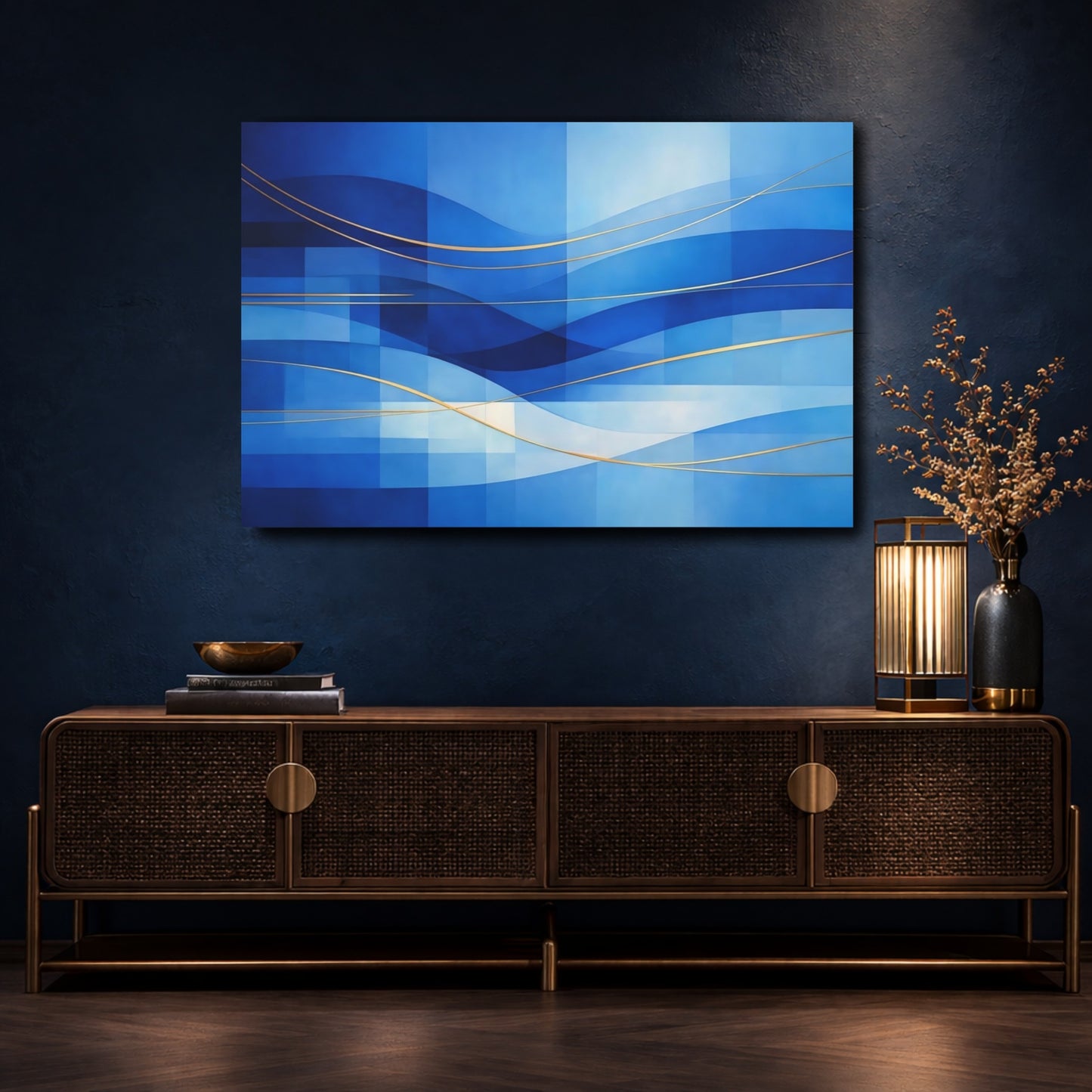 Mockup 4. Abstract Abstract Waves Blue And Gold shown as stretched canvas wall art
