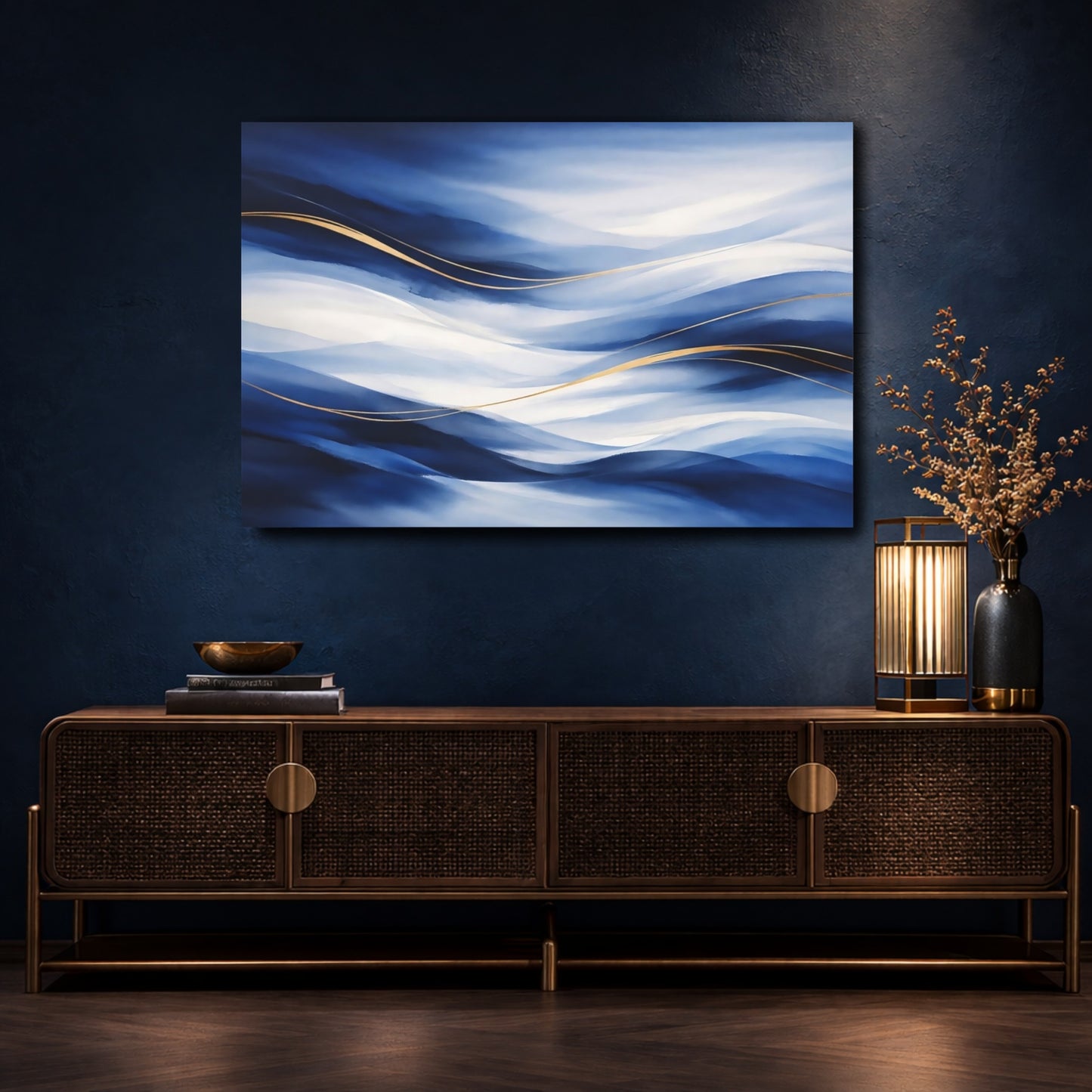 Mockup 4. Abstract Abstract Waves Blue And Gold shown as stretched canvas wall art