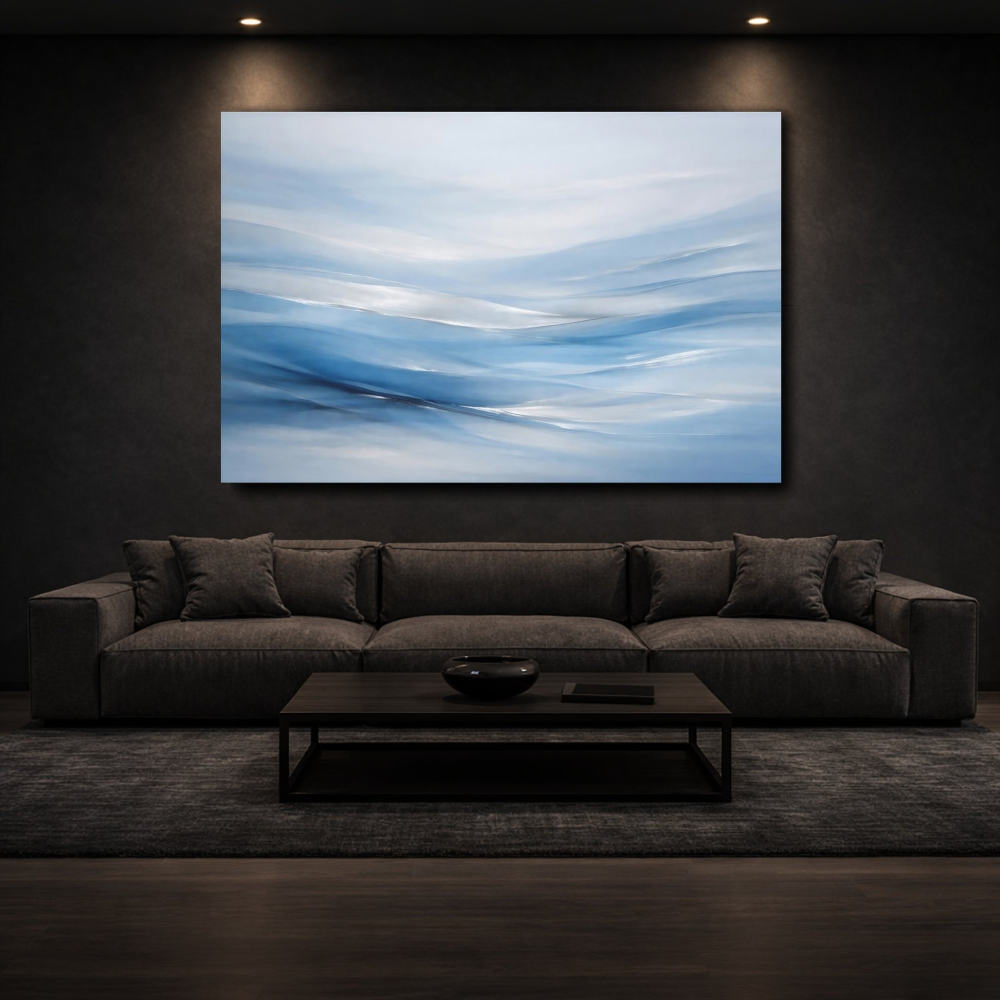 Mockup 2. Abstract Abstract Waves Blue And Silver shown as stretched canvas wall art