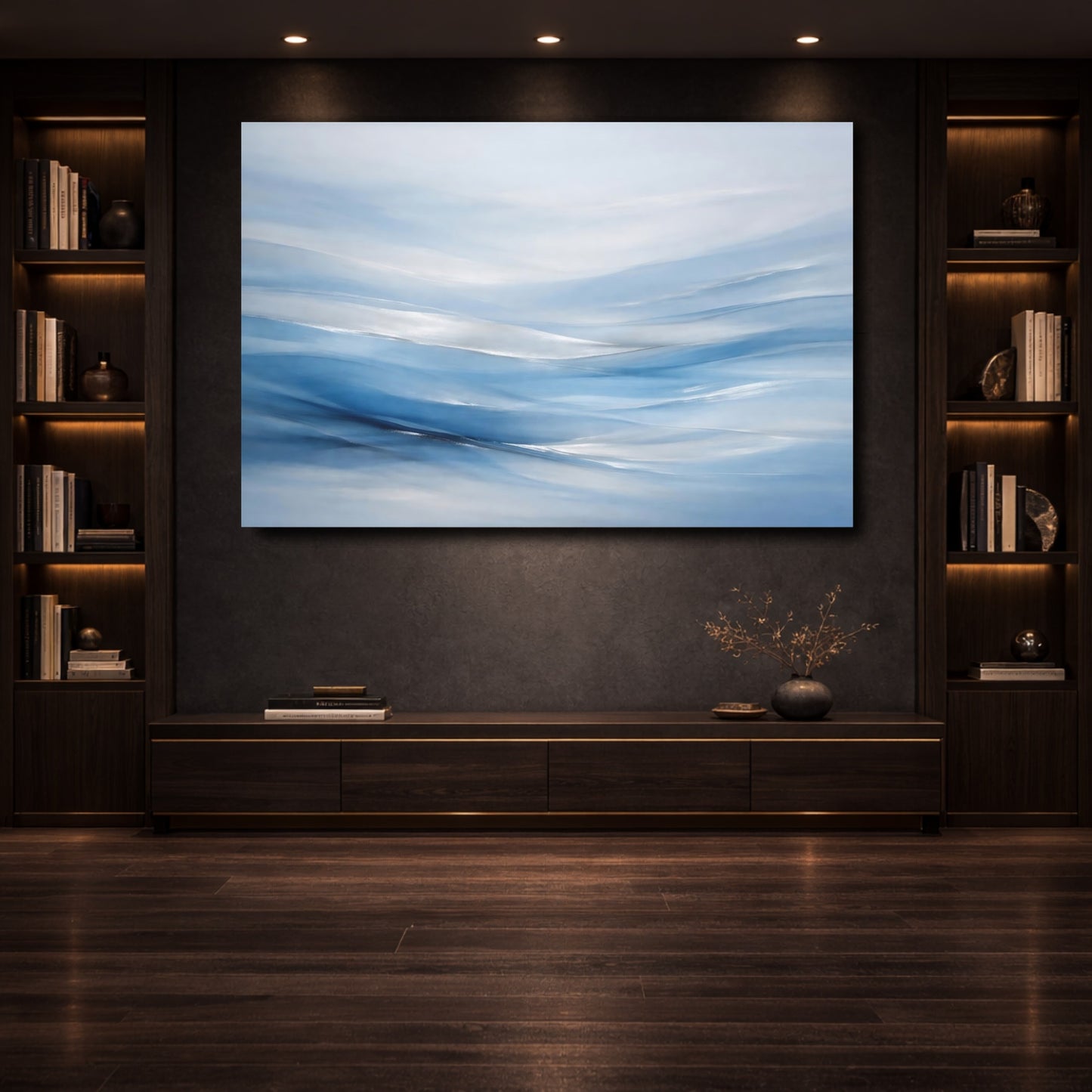 Mockup 3. Abstract Abstract Waves Blue And Silver shown as stretched canvas wall art