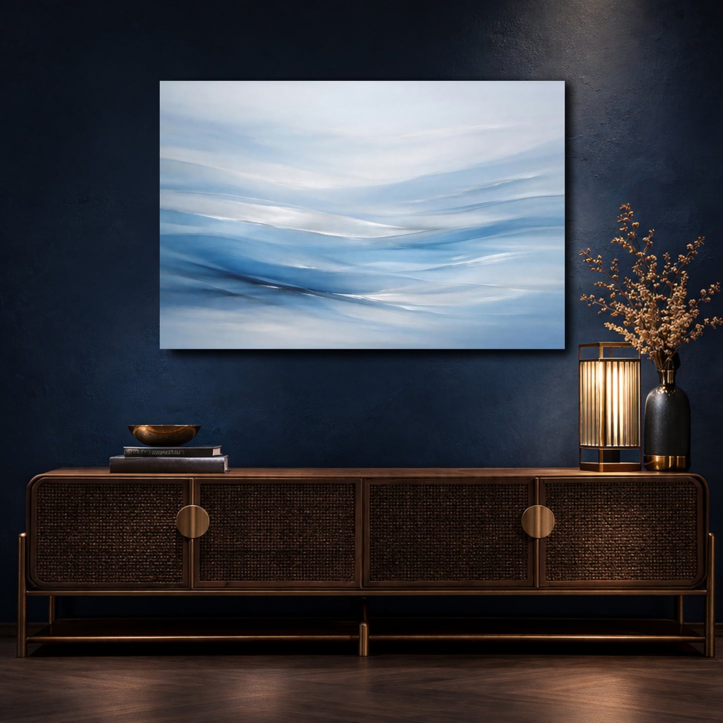 Mockup 4. Abstract Abstract Waves Blue And Silver shown as stretched canvas wall art