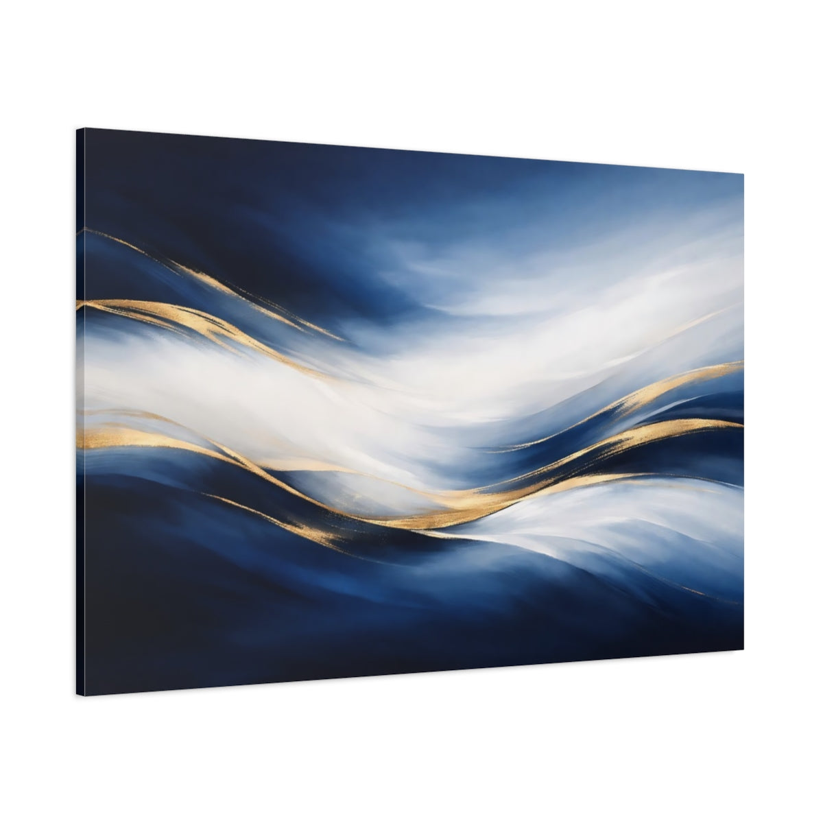 Main Mockup. Abstract Abstract Waves Blue Gold Abstract shown as stretched canvas wall art