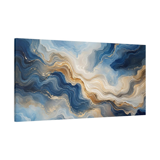 Main Mockup. Abstract Abstract Waves Blue Gold Abstract shown as stretched canvas wall art