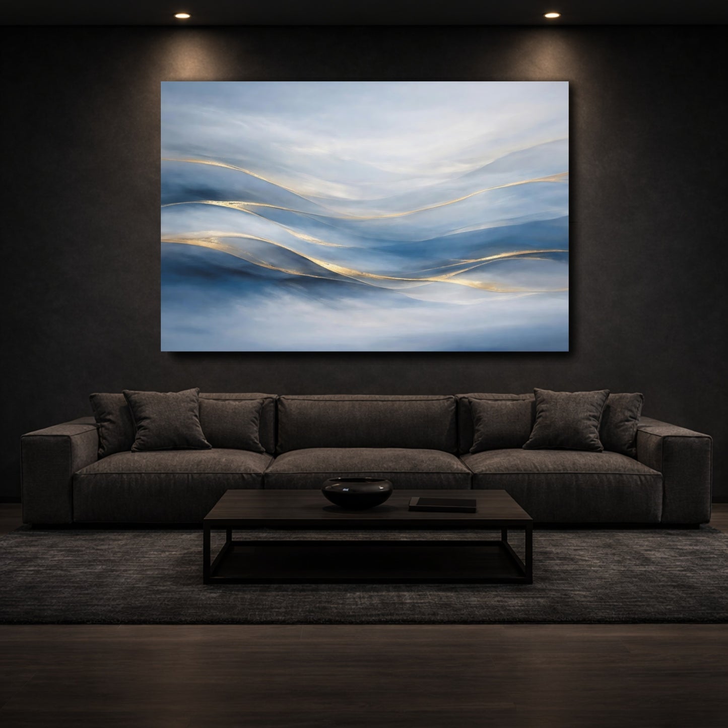 Mockup 2. Abstract Abstract Waves Blue Gold Abstract shown as stretched canvas wall art