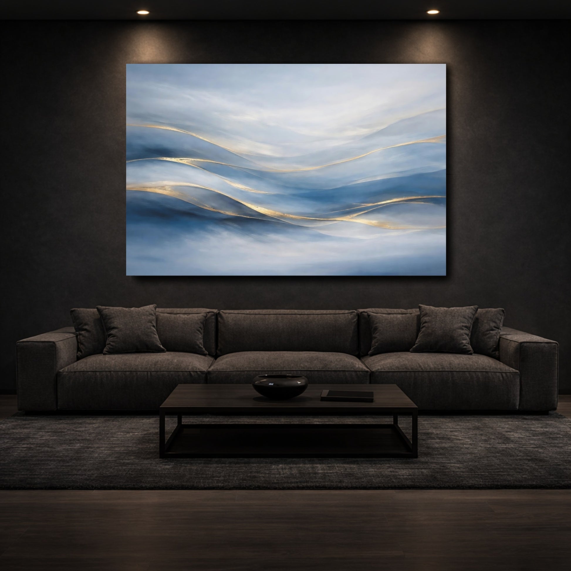 Mockup 2. Abstract Abstract Waves Blue Gold Abstract shown as stretched canvas wall art