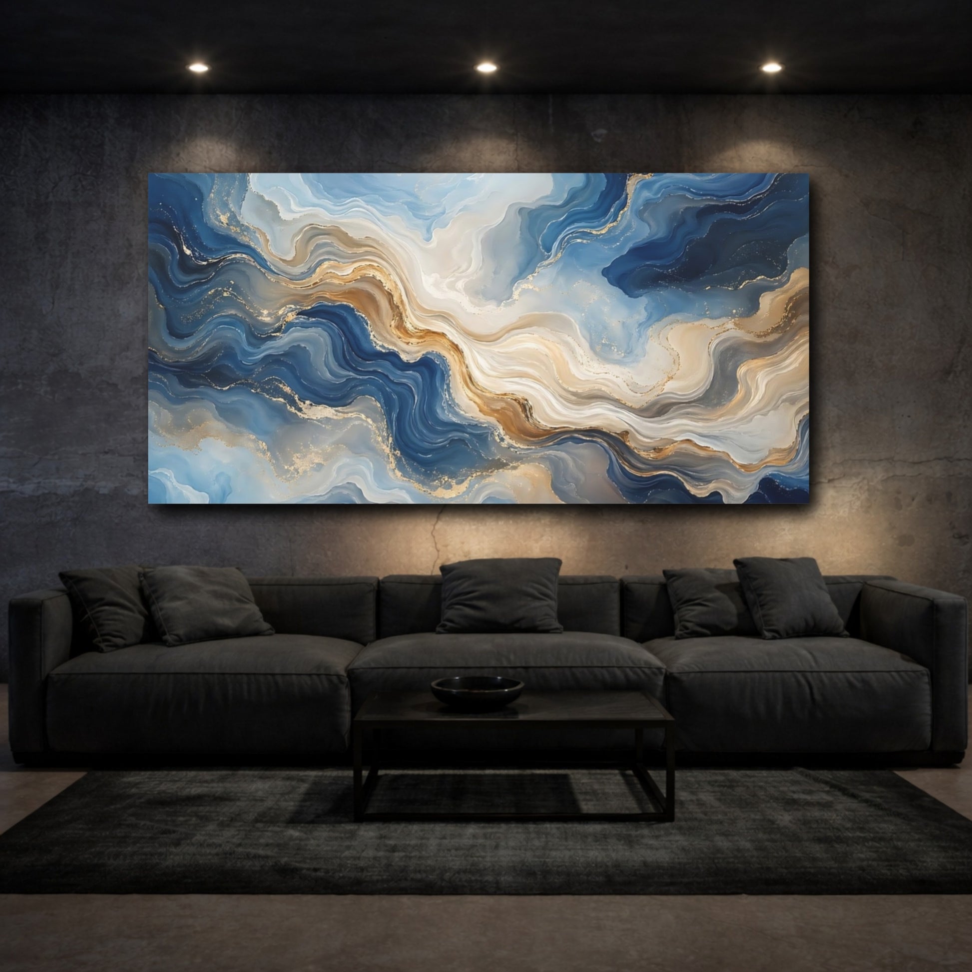 Mockup 2. Abstract Abstract Waves Blue Gold Abstract shown as stretched canvas wall art