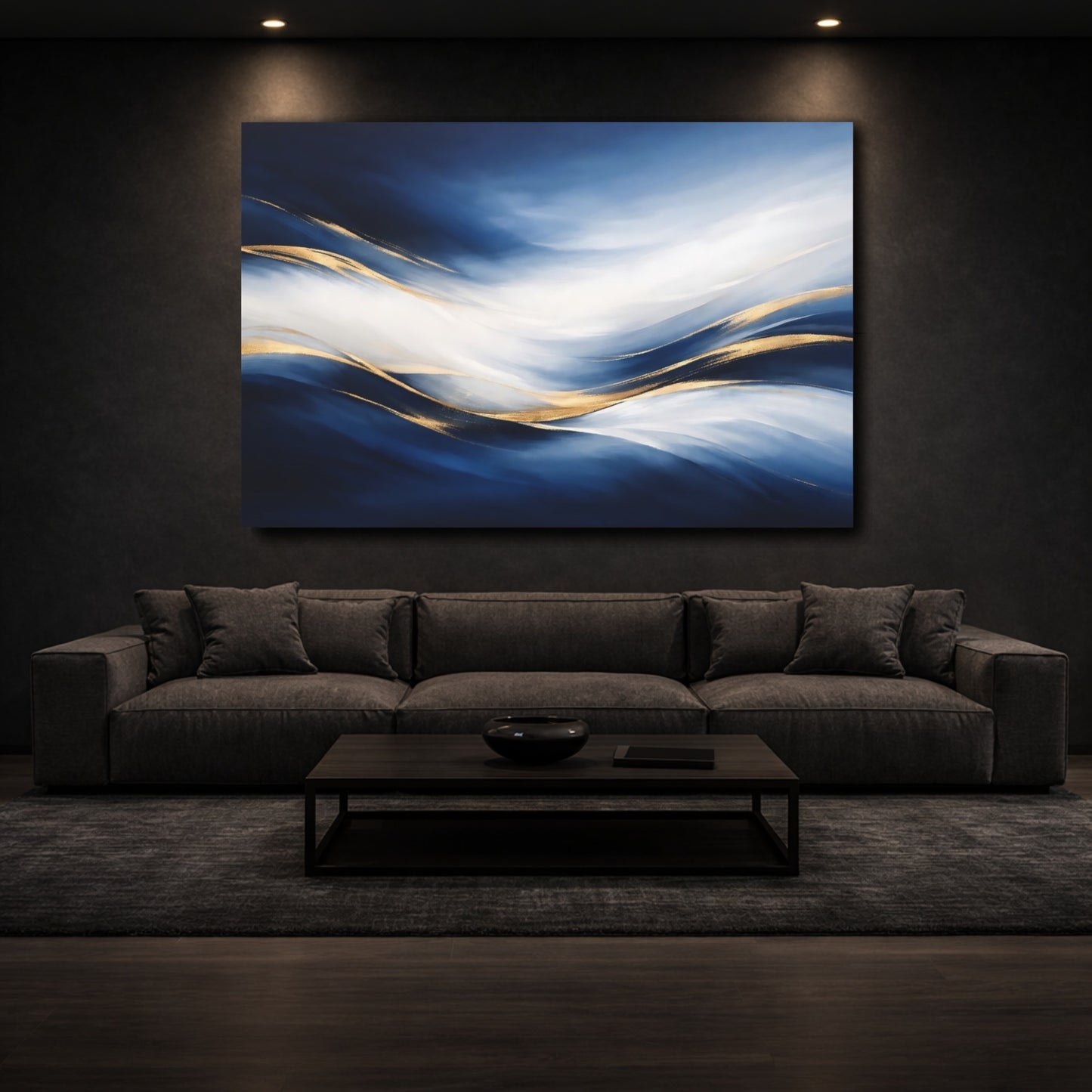 Mockup 2. Abstract Abstract Waves Blue Gold Abstract shown as stretched canvas wall art