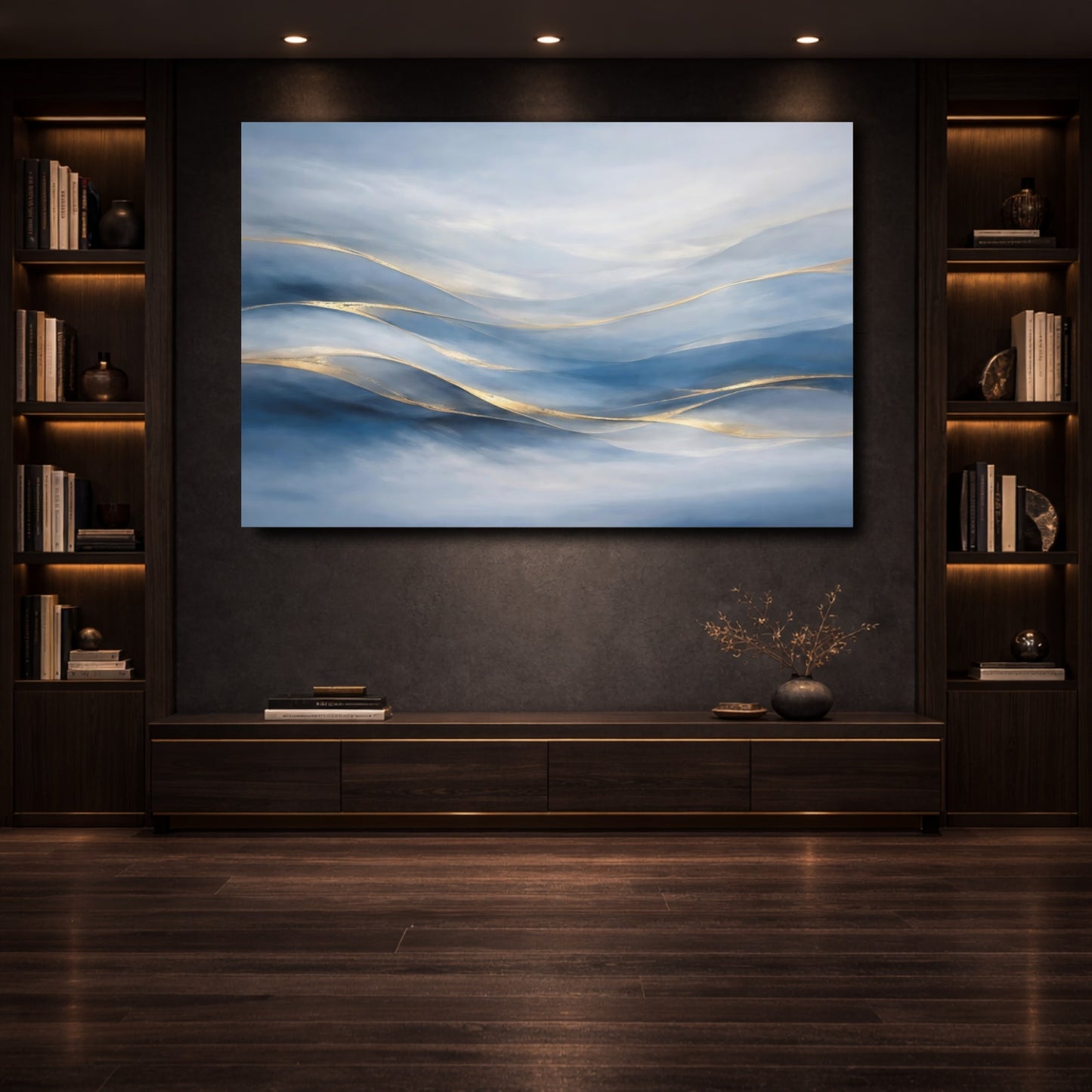Mockup 3. Abstract Abstract Waves Blue Gold Abstract shown as stretched canvas wall art