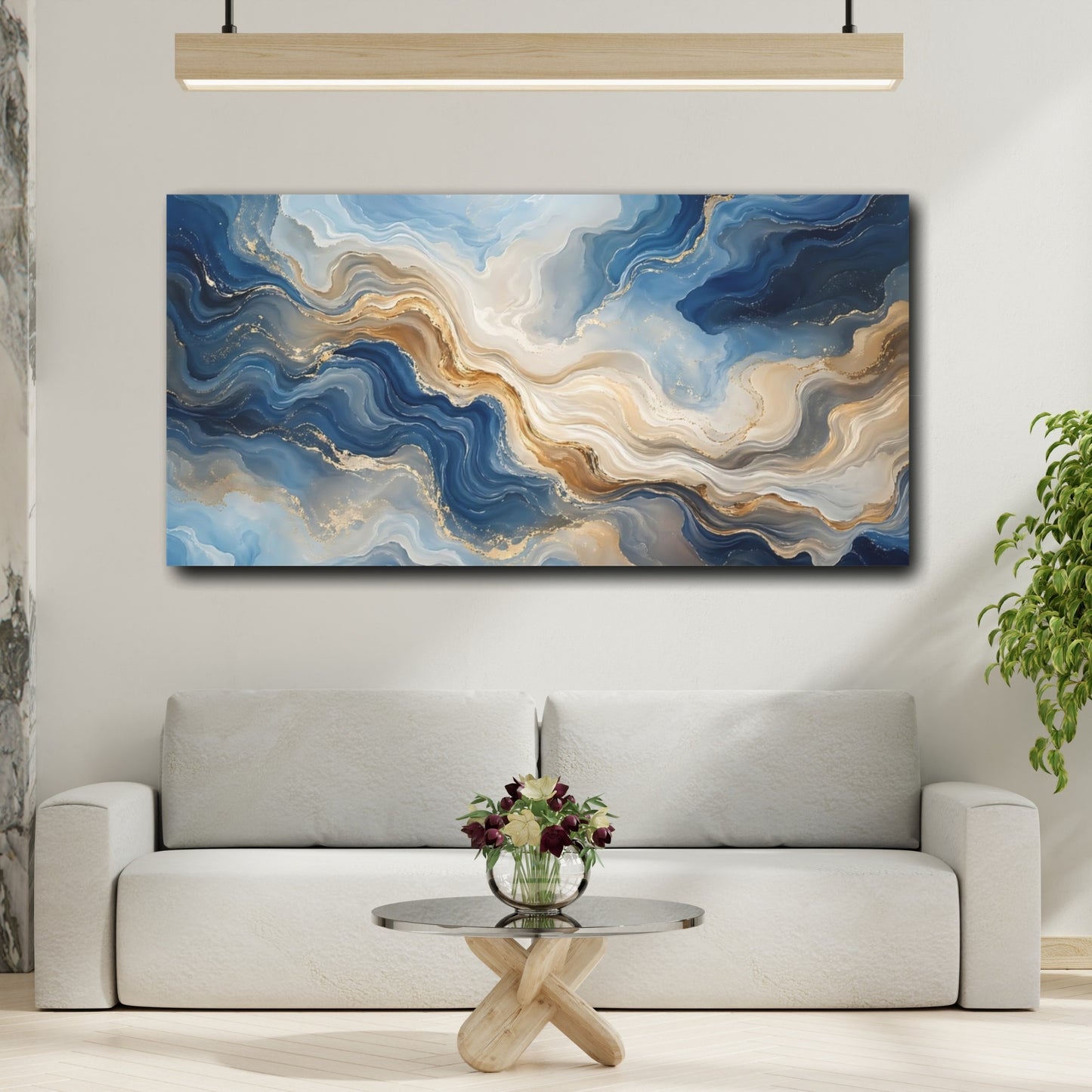 Mockup 3. Abstract Abstract Waves Blue Gold Abstract shown as stretched canvas wall art