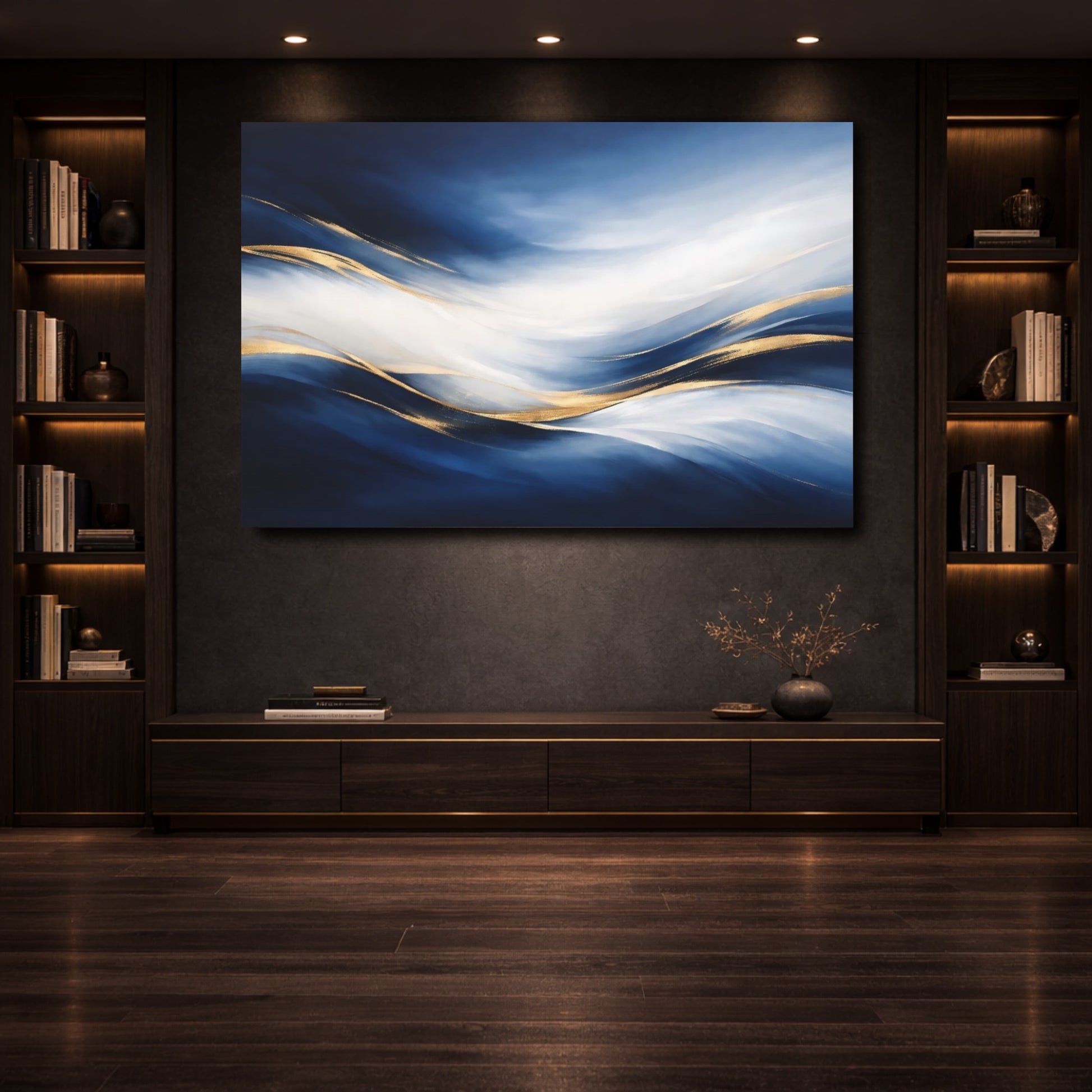 Mockup 3. Abstract Abstract Waves Blue Gold Abstract shown as stretched canvas wall art