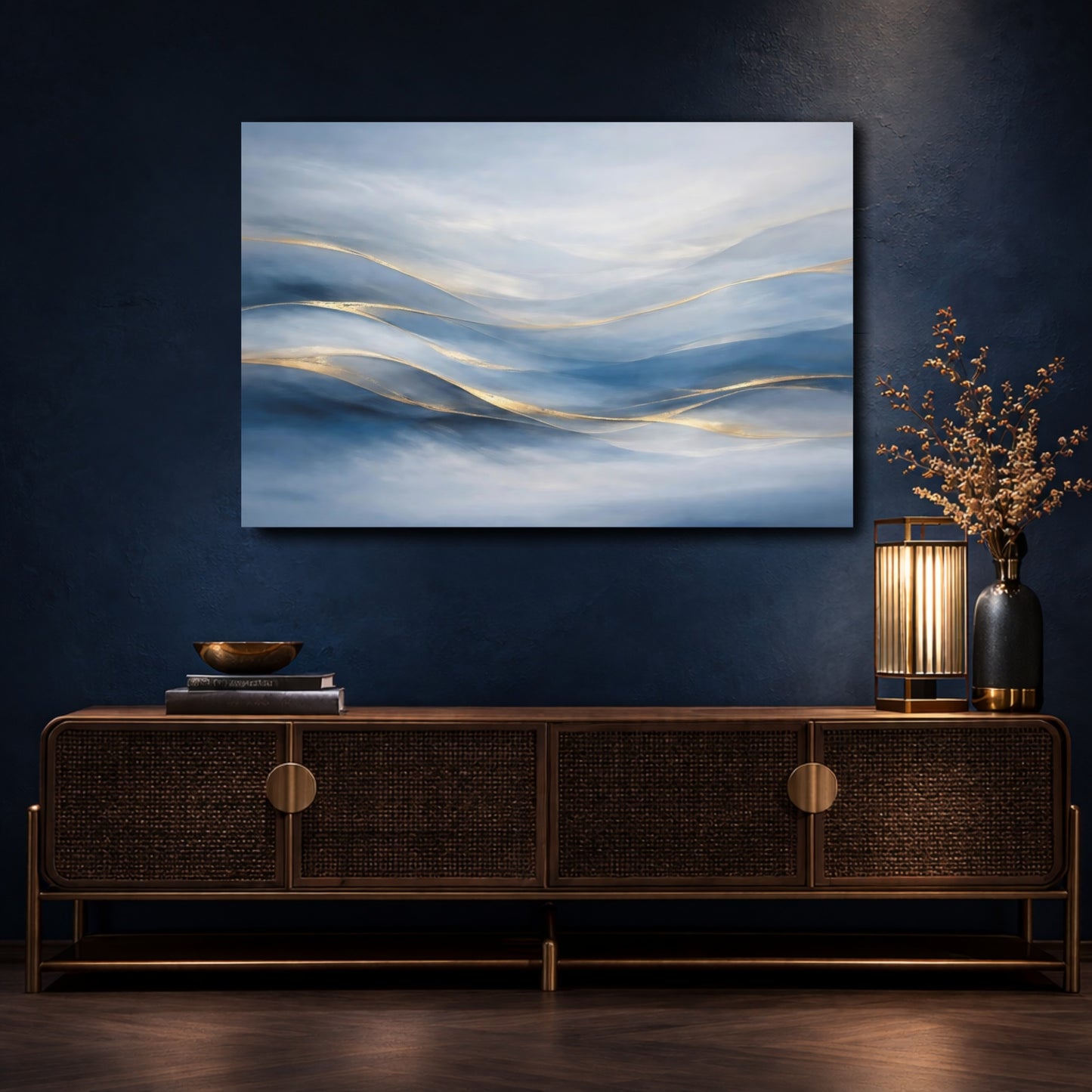 Mockup 4. Abstract Abstract Waves Blue Gold Abstract shown as stretched canvas wall art