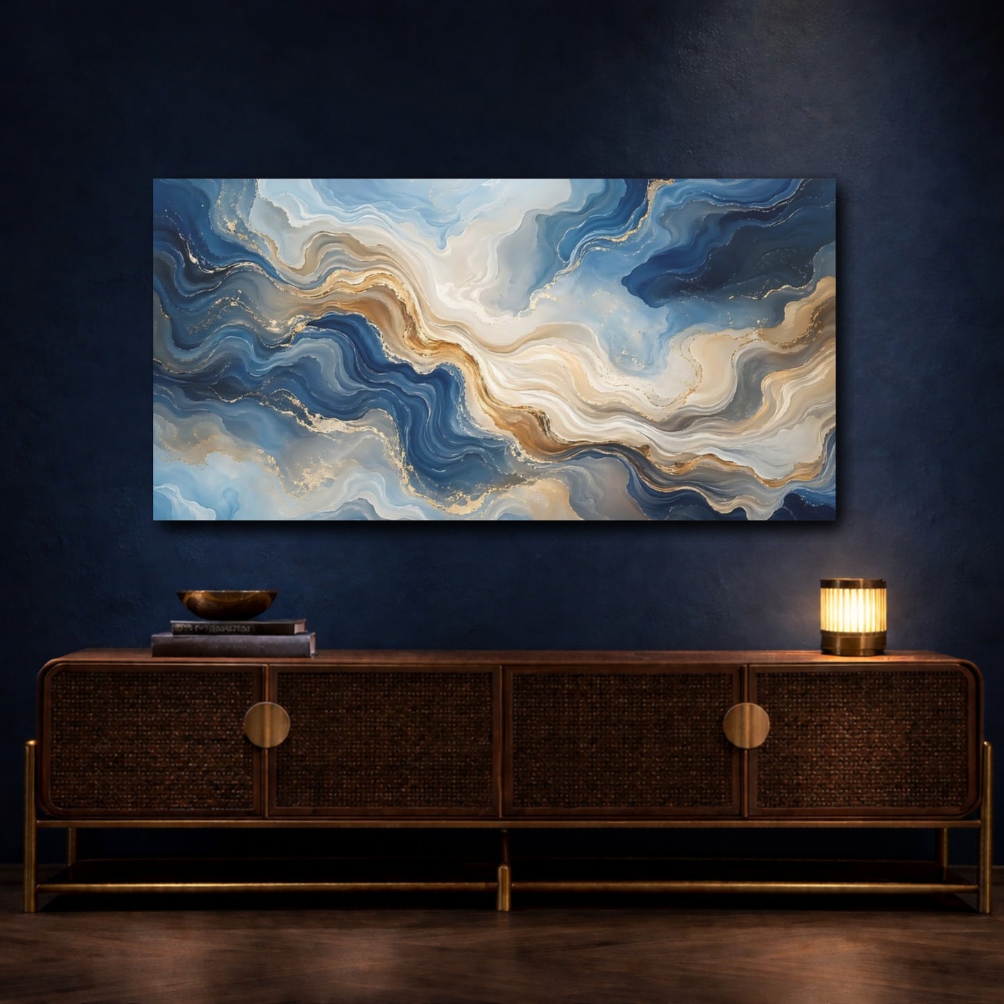 Mockup 4. Abstract Abstract Waves Blue Gold Abstract shown as stretched canvas wall art