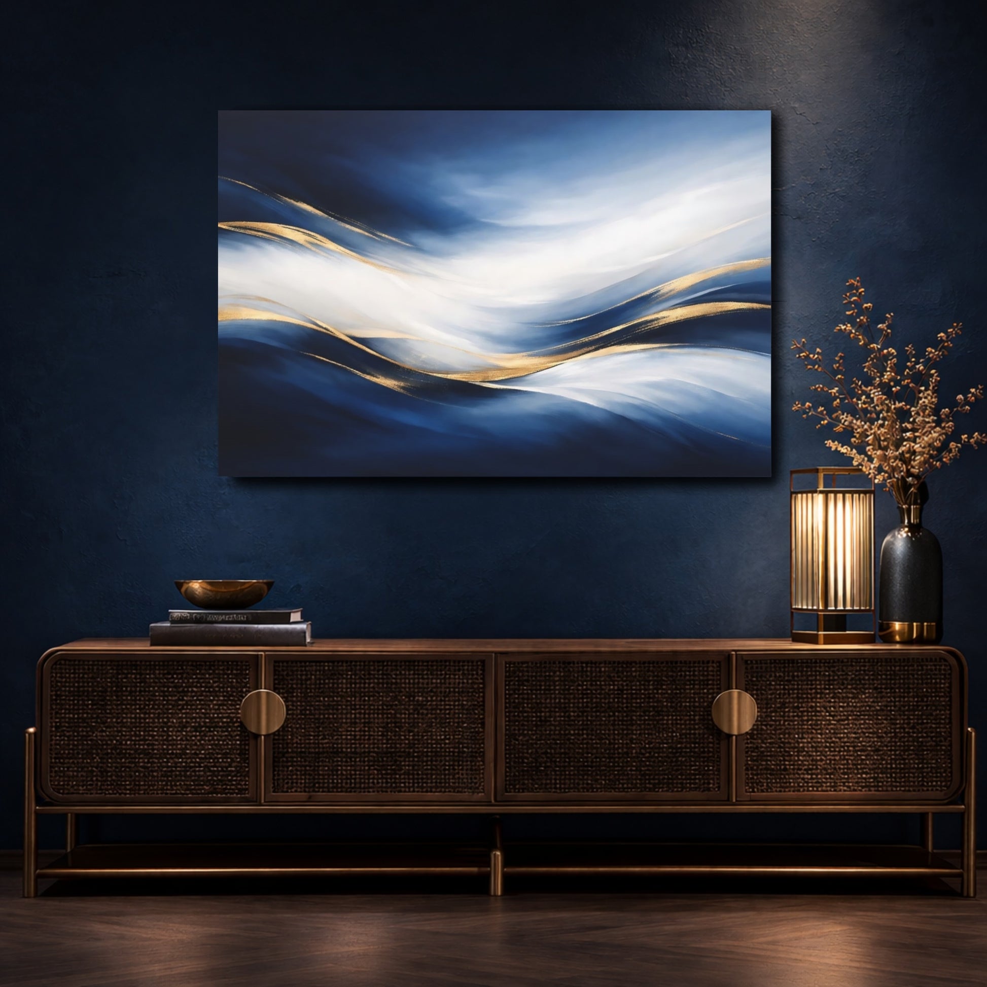 Mockup 4. Abstract Abstract Waves Blue Gold Abstract shown as stretched canvas wall art
