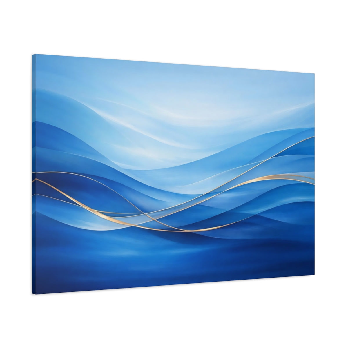 Main Mockup. Abstract Abstract Waves Blue Gold Waves shown as stretched canvas wall art