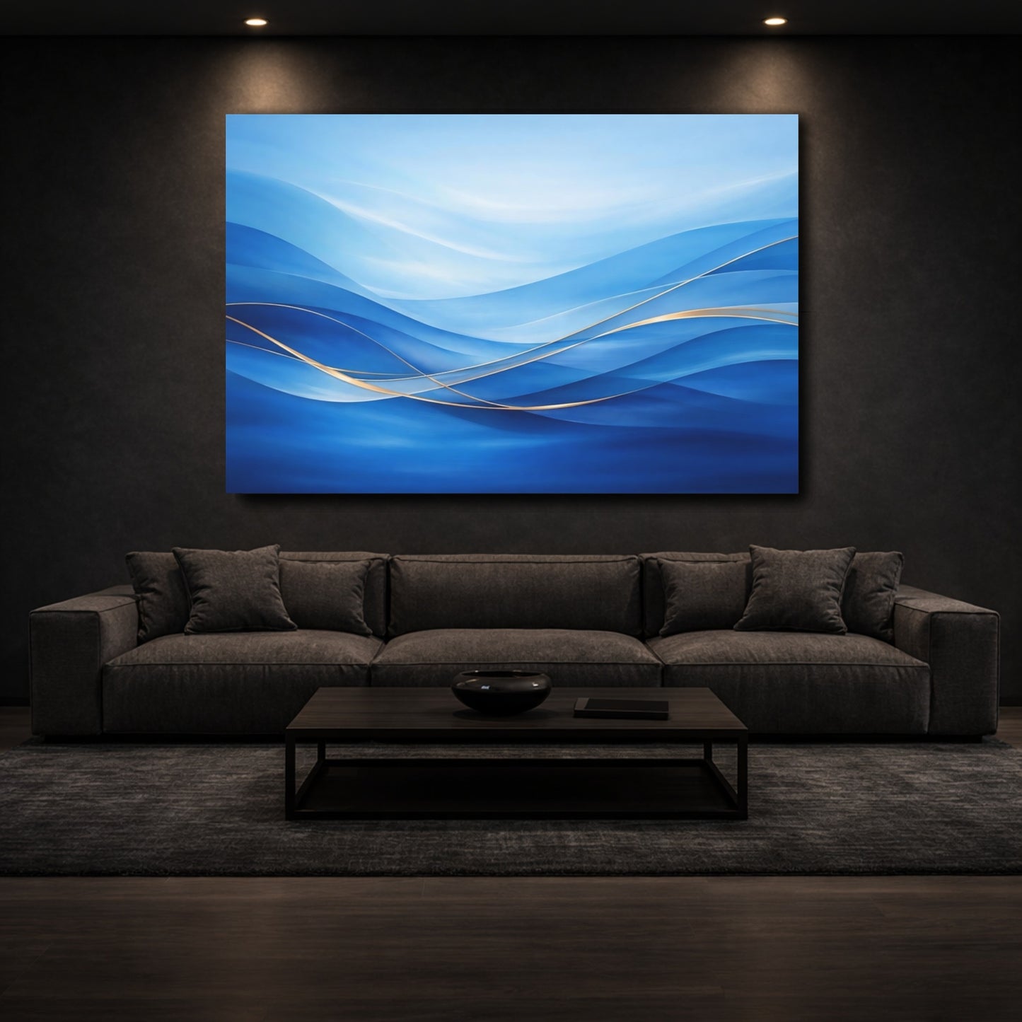 Mockup 2. Abstract Abstract Waves Blue Gold Waves shown as stretched canvas wall art