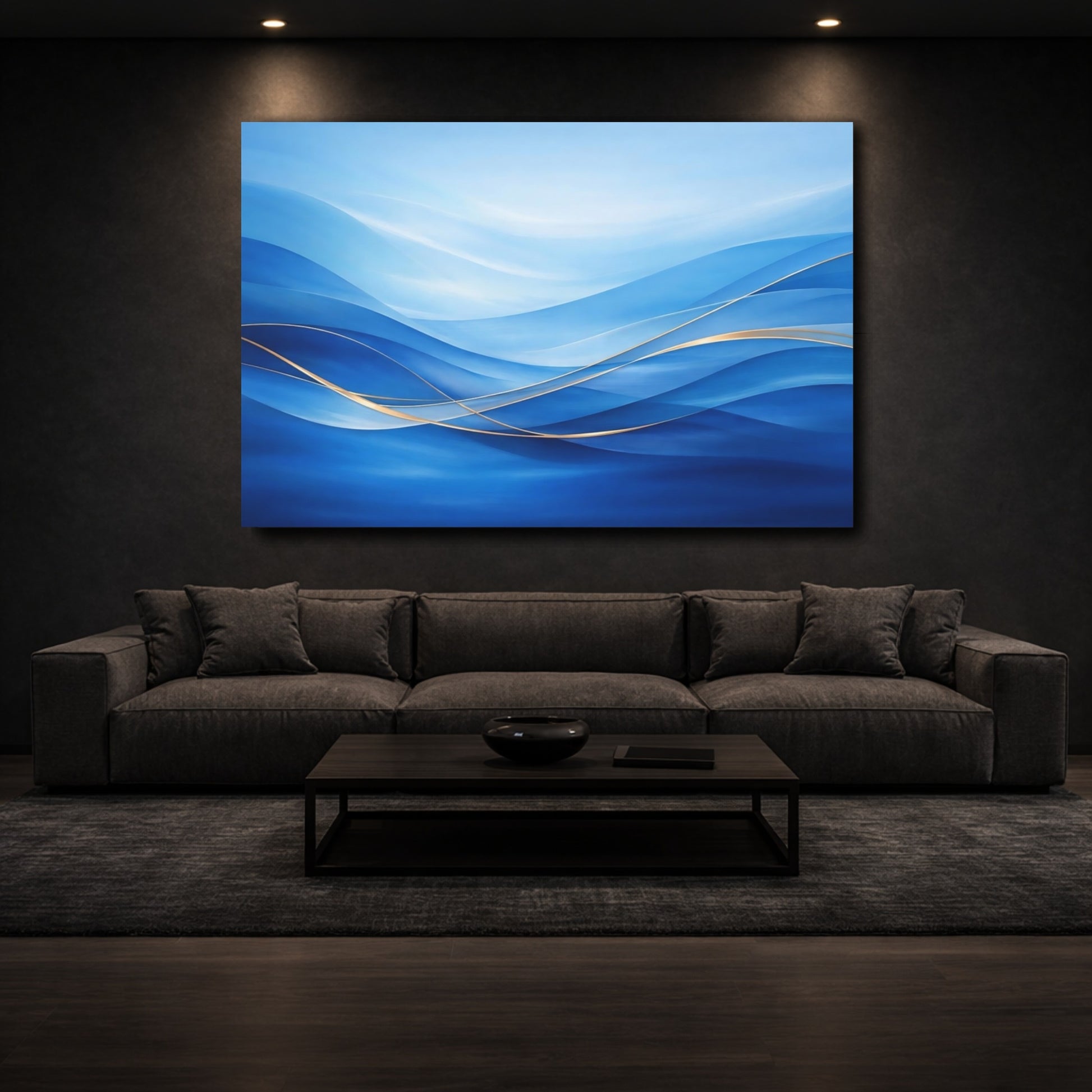 Mockup 2. Abstract Abstract Waves Blue Gold Waves shown as stretched canvas wall art