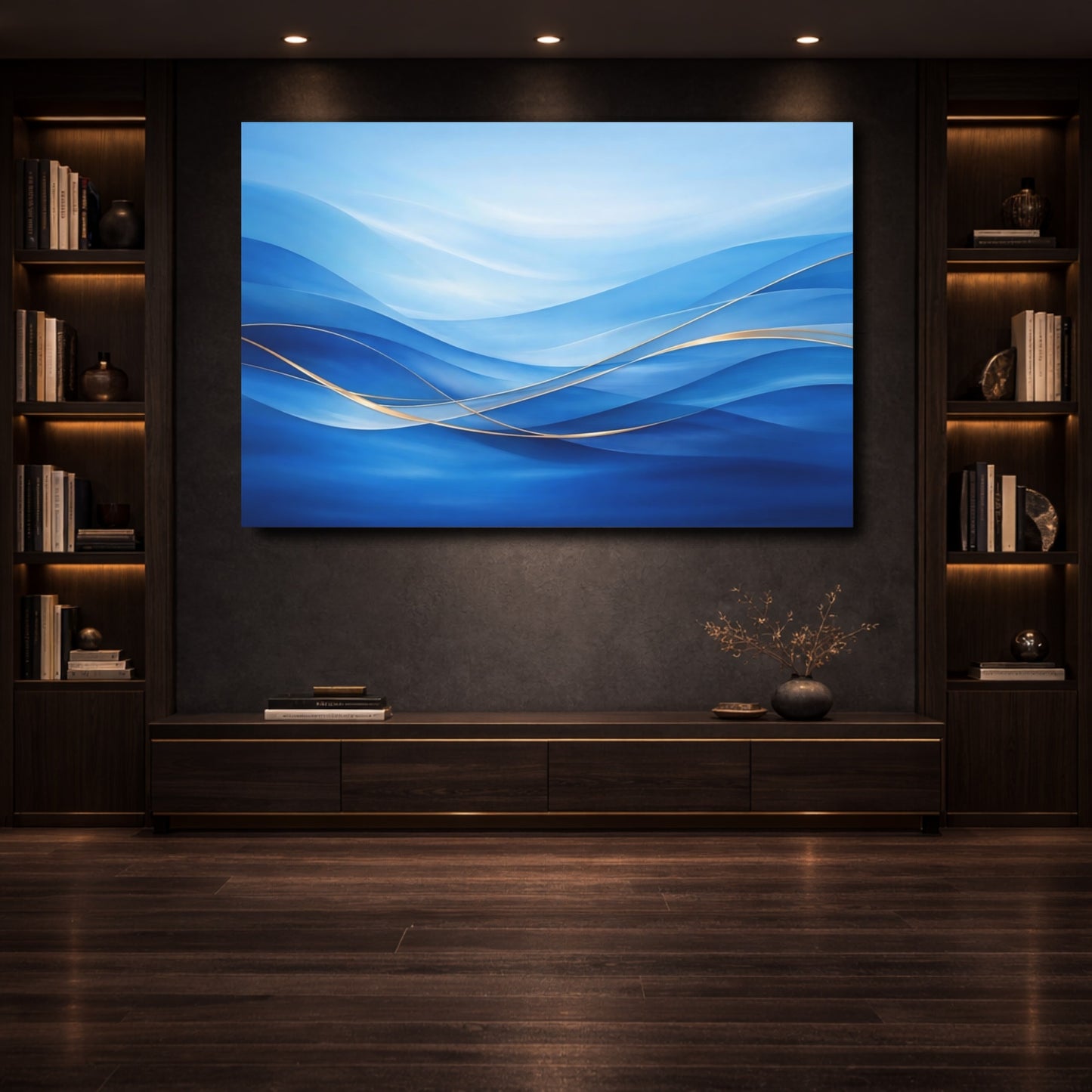 Mockup 3. Abstract Abstract Waves Blue Gold Waves shown as stretched canvas wall art