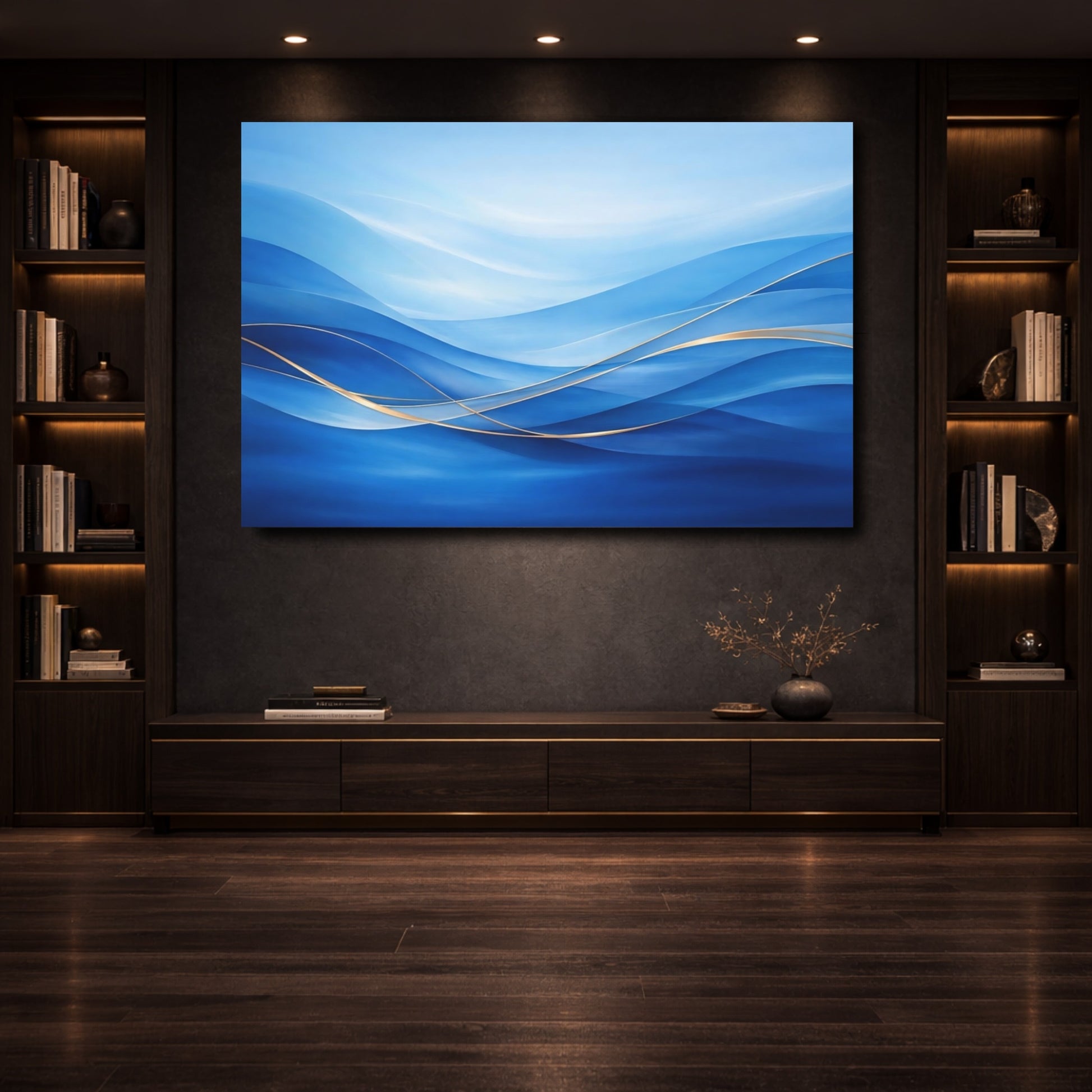 Mockup 3. Abstract Abstract Waves Blue Gold Waves shown as stretched canvas wall art