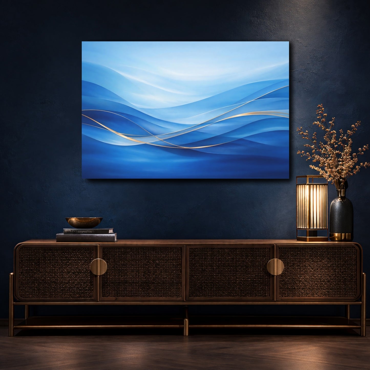 Mockup 4. Abstract Abstract Waves Blue Gold Waves shown as stretched canvas wall art