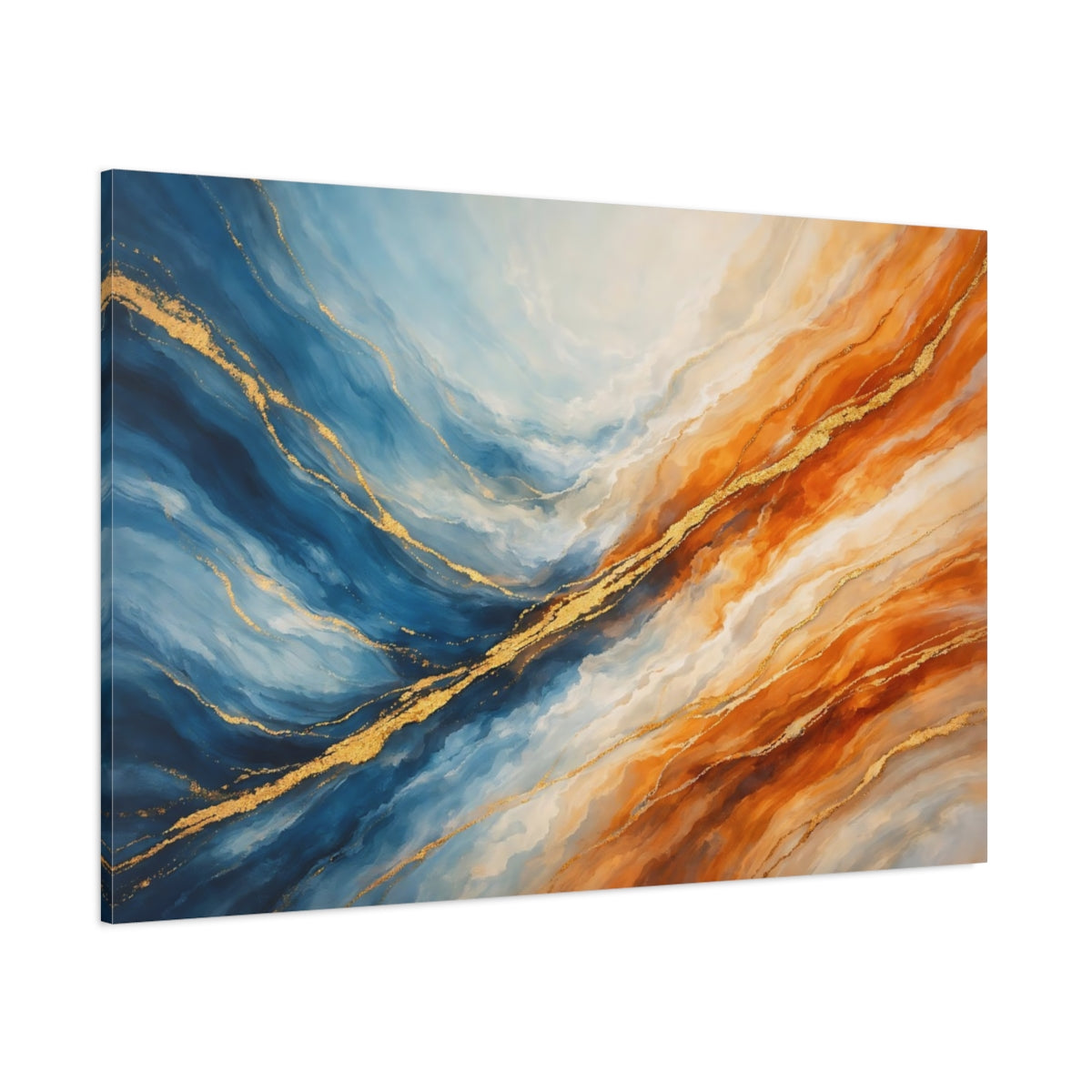 Main Mockup. Abstract Abstract Waves Blue Orange Gold shown as stretched canvas wall art