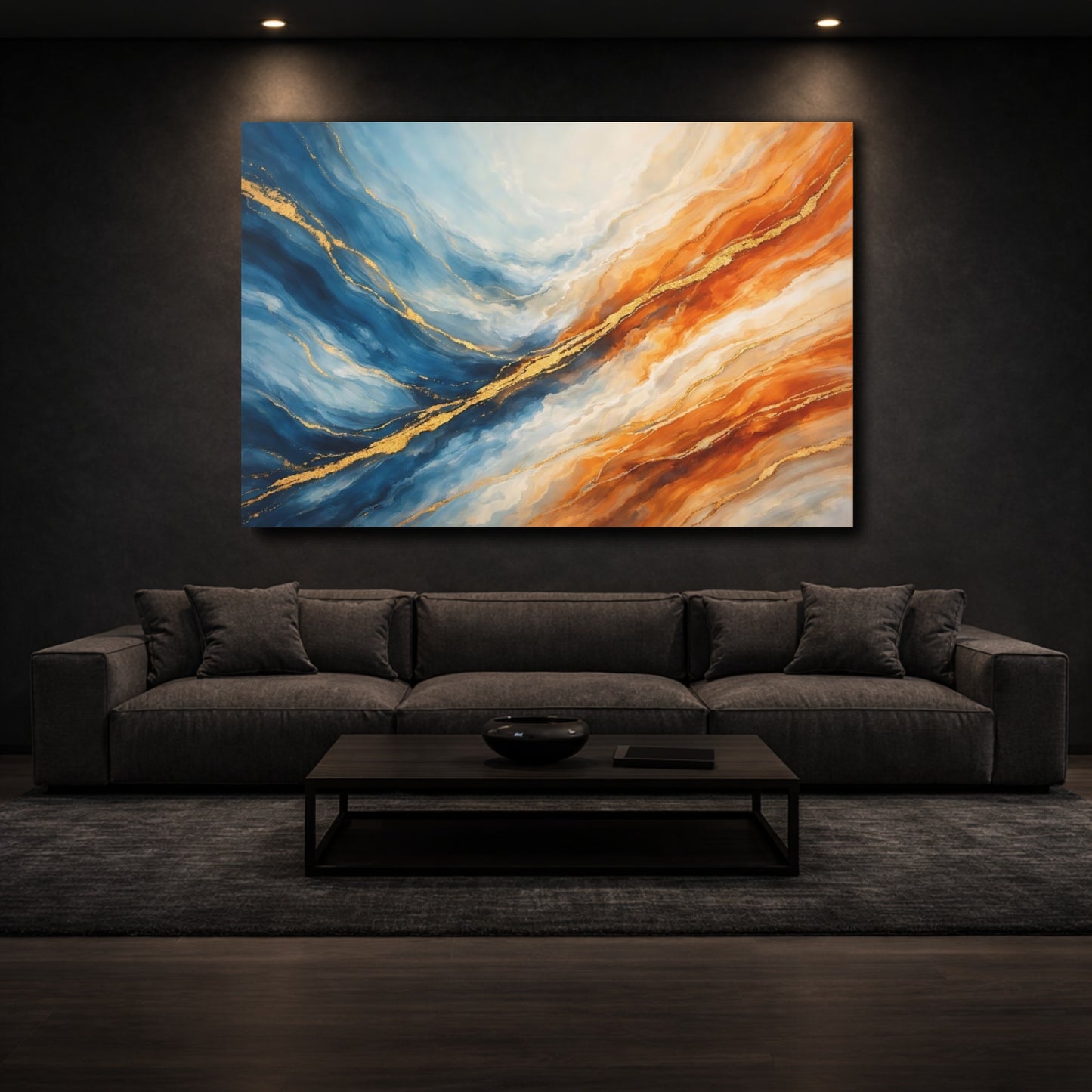 Mockup 2. Abstract Abstract Waves Blue Orange Gold shown as stretched canvas wall art