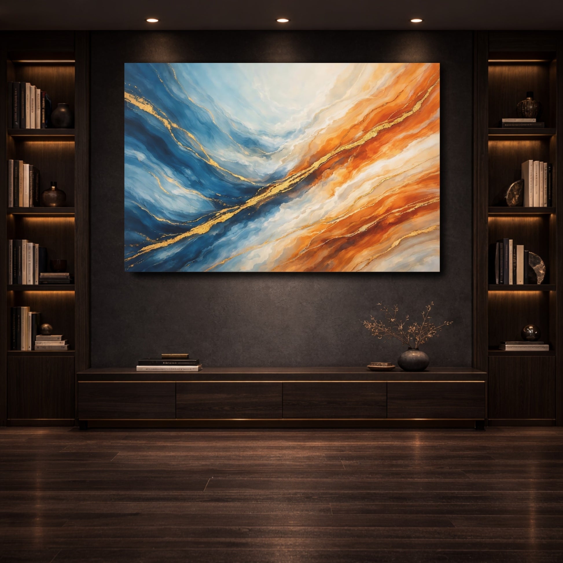 Mockup 3. Abstract Abstract Waves Blue Orange Gold shown as stretched canvas wall art