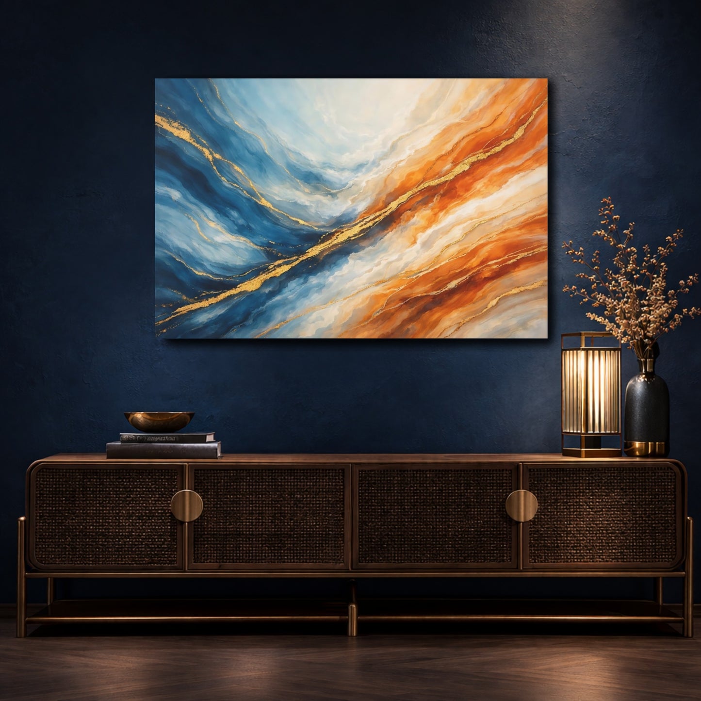 Mockup 4. Abstract Abstract Waves Blue Orange Gold shown as stretched canvas wall art