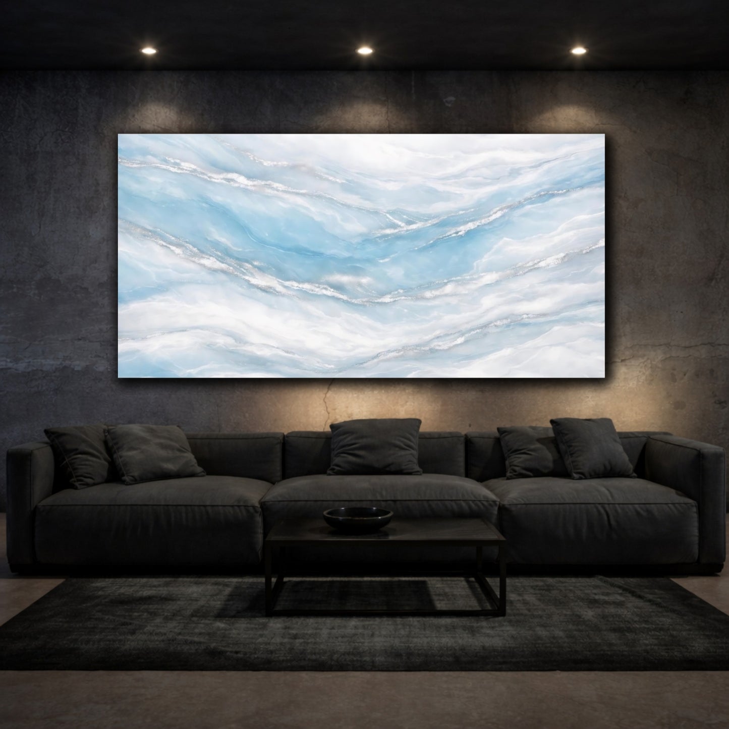 Mockup 2. Abstract Abstract Waves Blue Silver Abstract shown as stretched canvas wall art