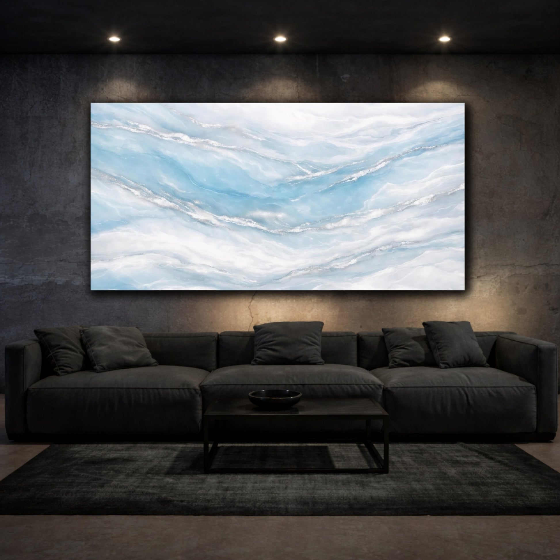 Mockup 2. Abstract Abstract Waves Blue Silver Abstract shown as stretched canvas wall art