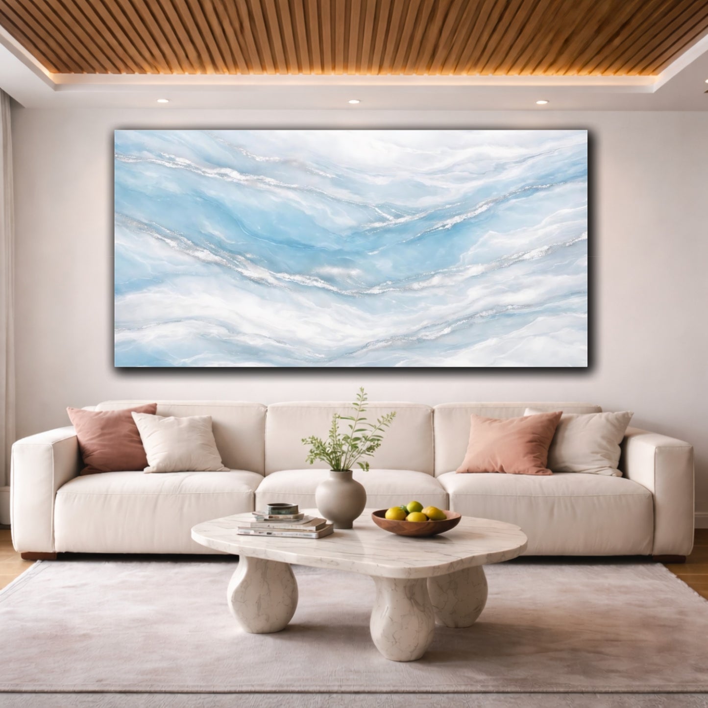 Mockup 3. Abstract Abstract Waves Blue Silver Abstract shown as stretched canvas wall art