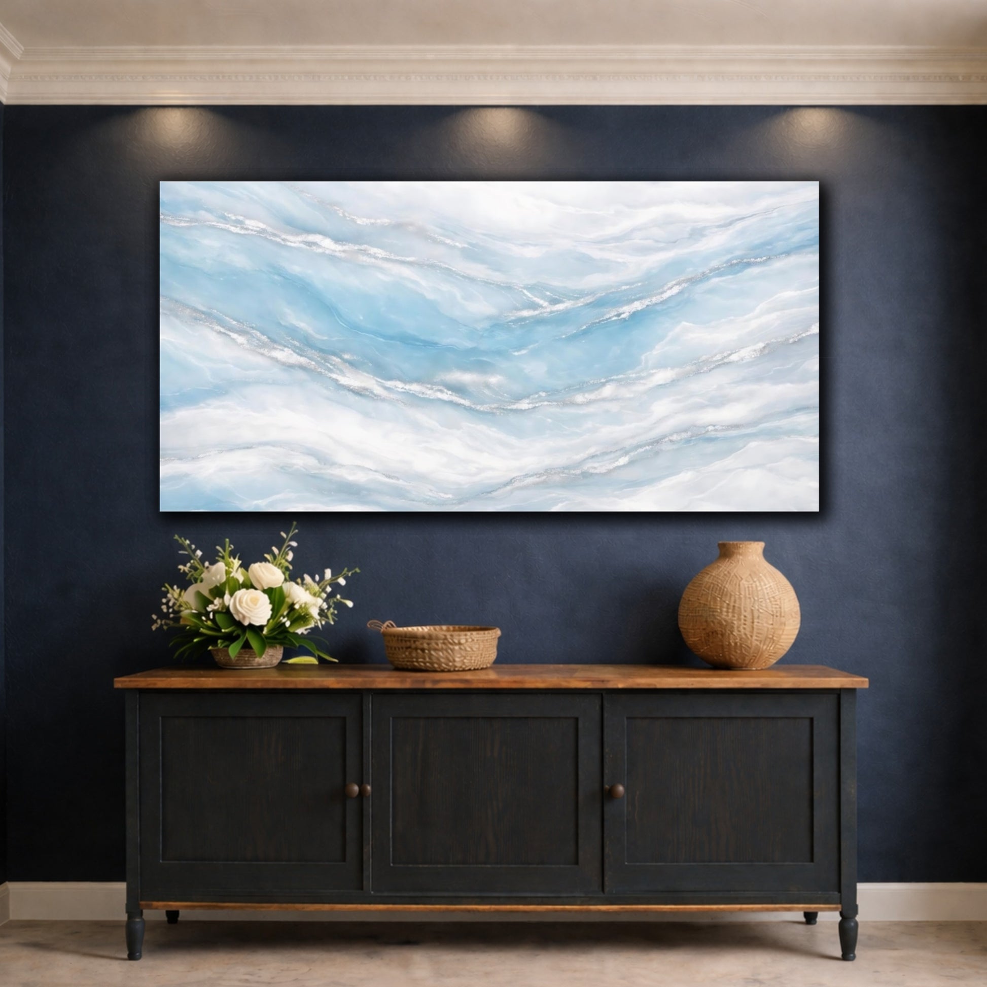 Mockup 4. Abstract Abstract Waves Blue Silver Abstract shown as stretched canvas wall art