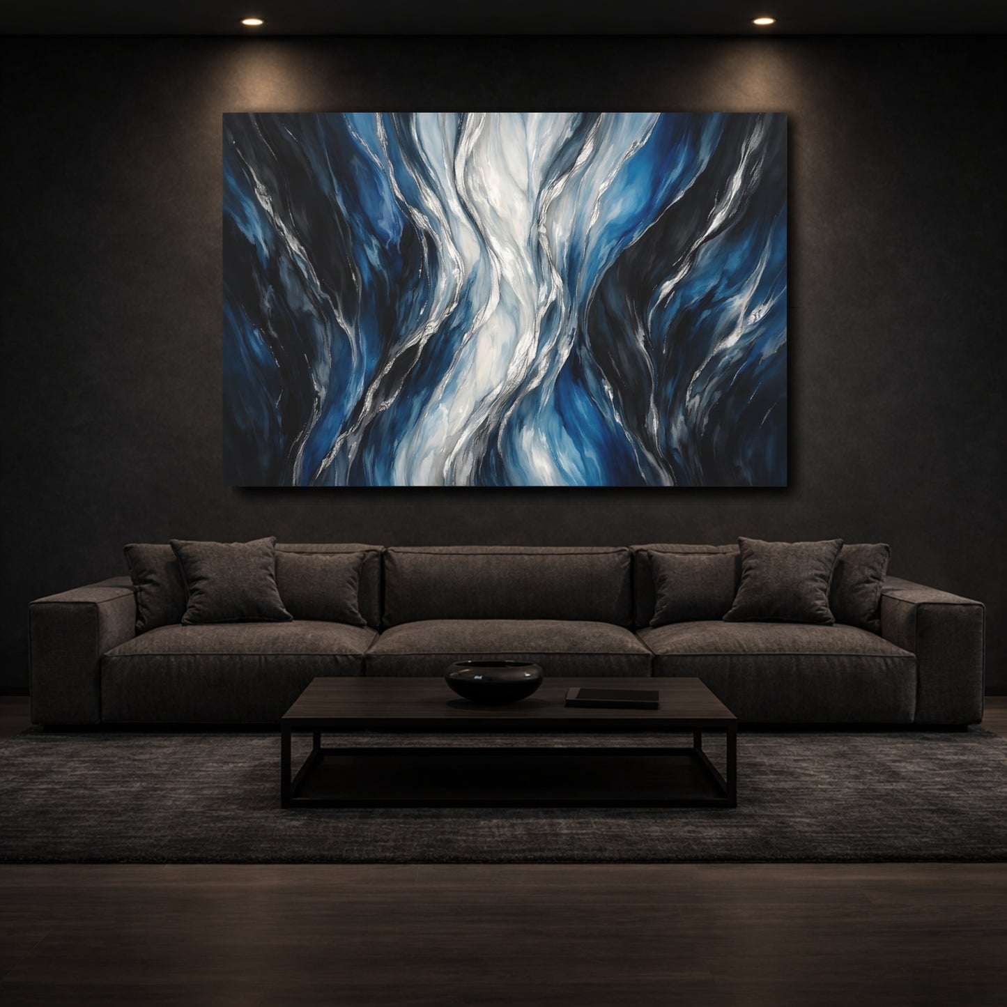 Mockup 2. Abstract Abstract Waves Blue Silver Waves shown as stretched canvas wall art