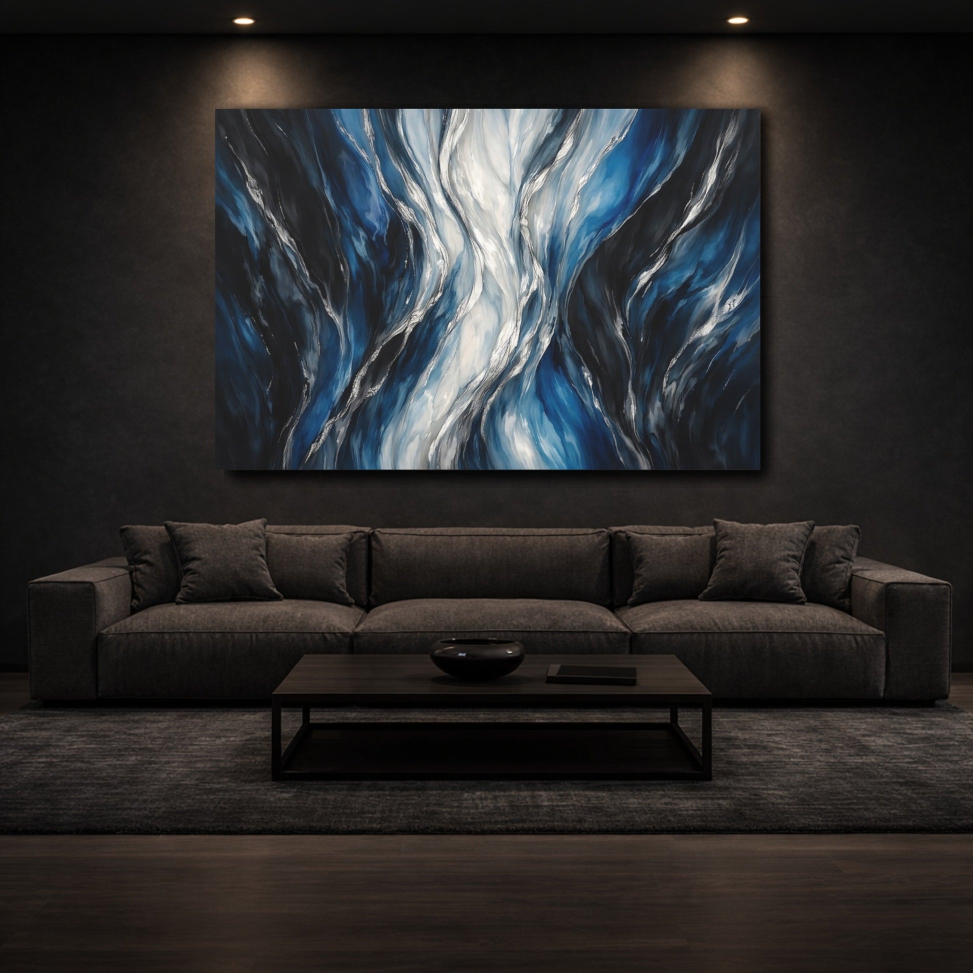 Mockup 2. Abstract Abstract Waves Blue Silver Waves shown as stretched canvas wall art