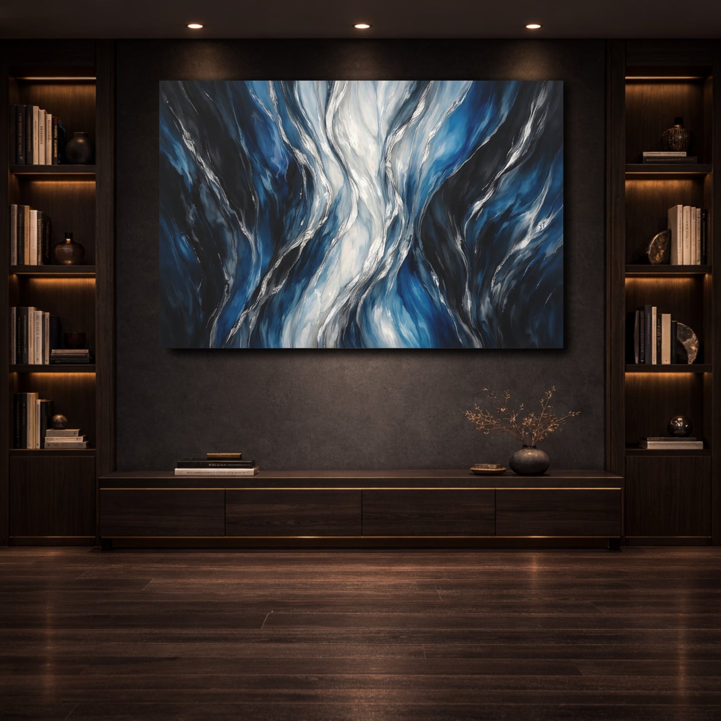 Mockup 3. Abstract Abstract Waves Blue Silver Waves shown as stretched canvas wall art