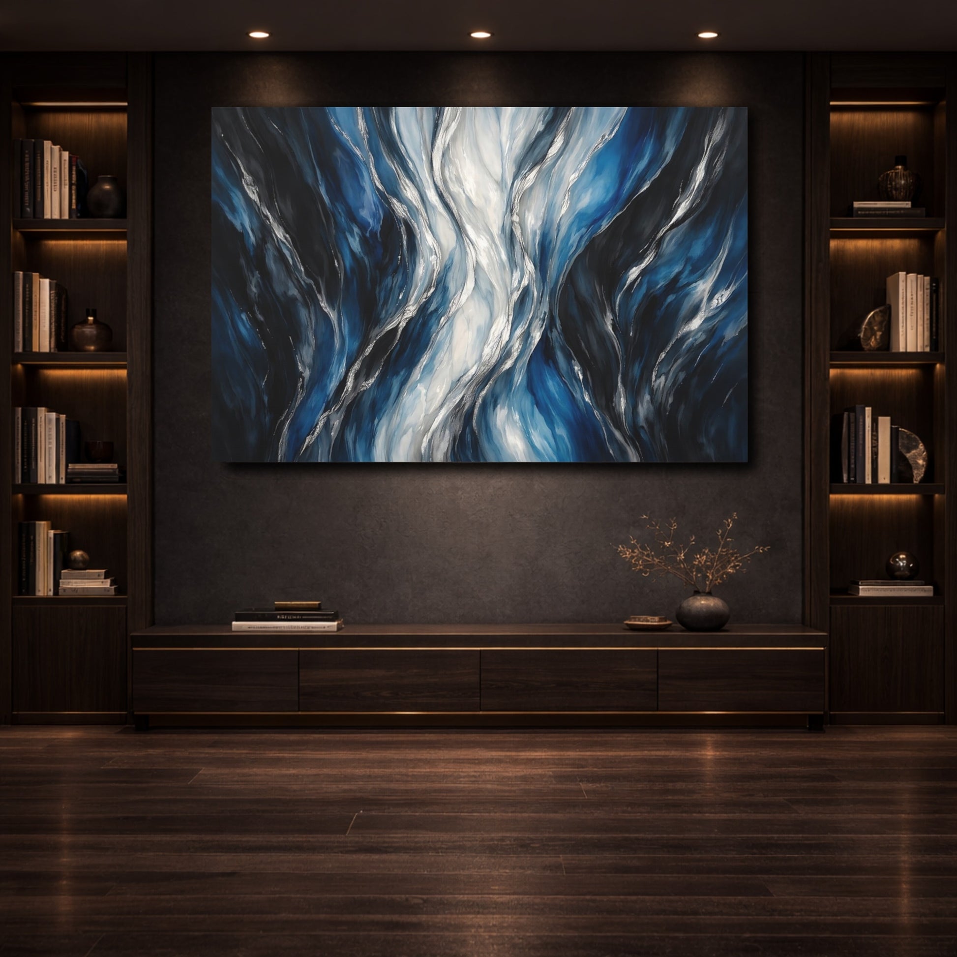 Mockup 3. Abstract Abstract Waves Blue Silver Waves shown as stretched canvas wall art