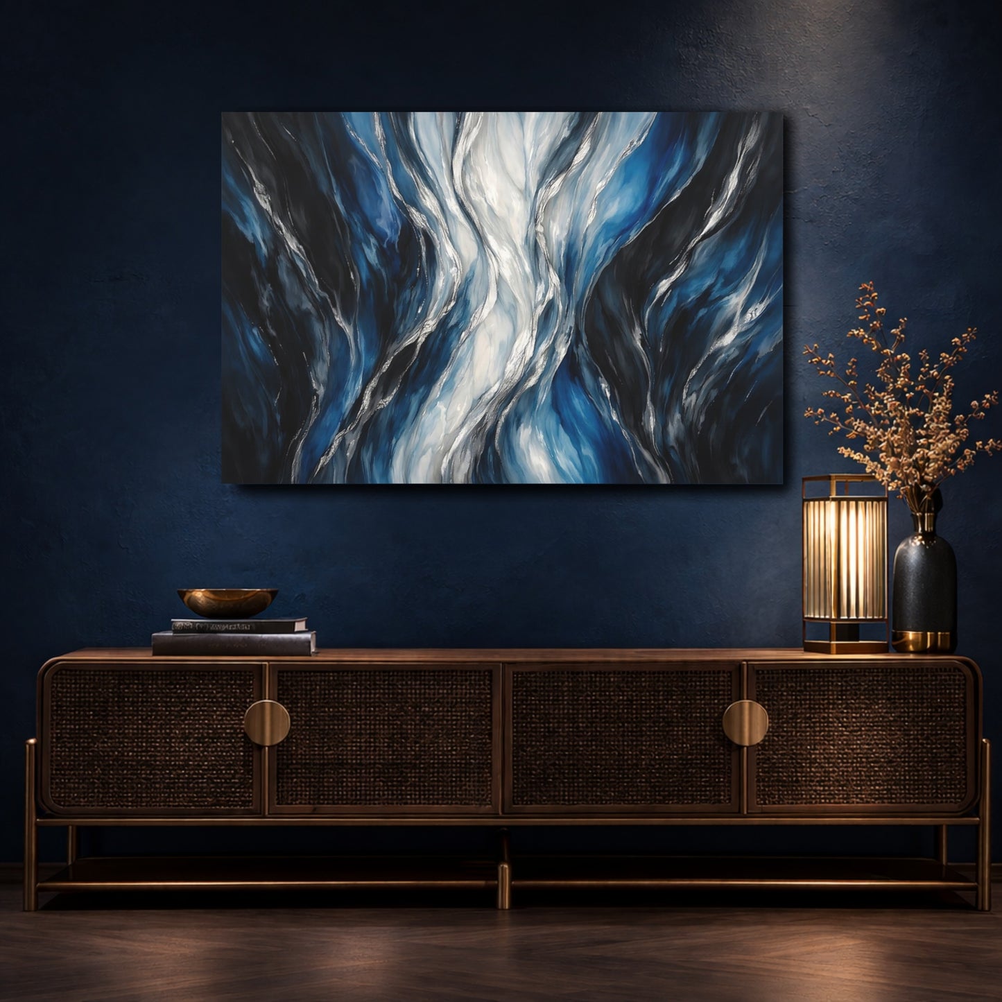 Mockup 4. Abstract Abstract Waves Blue Silver Waves shown as stretched canvas wall art