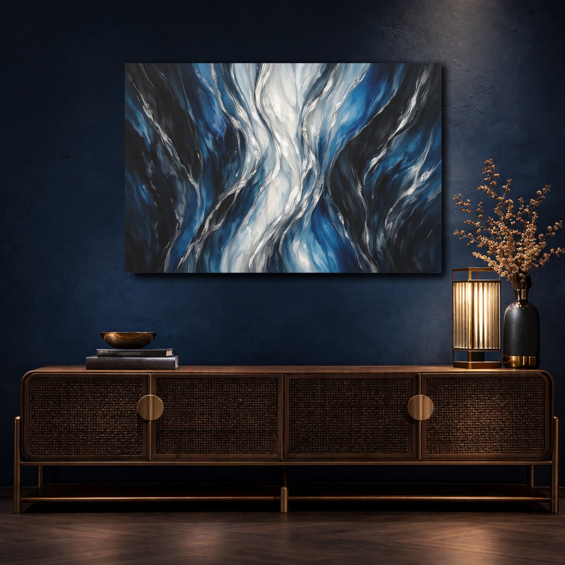 Mockup 4. Abstract Abstract Waves Blue Silver Waves shown as stretched canvas wall art