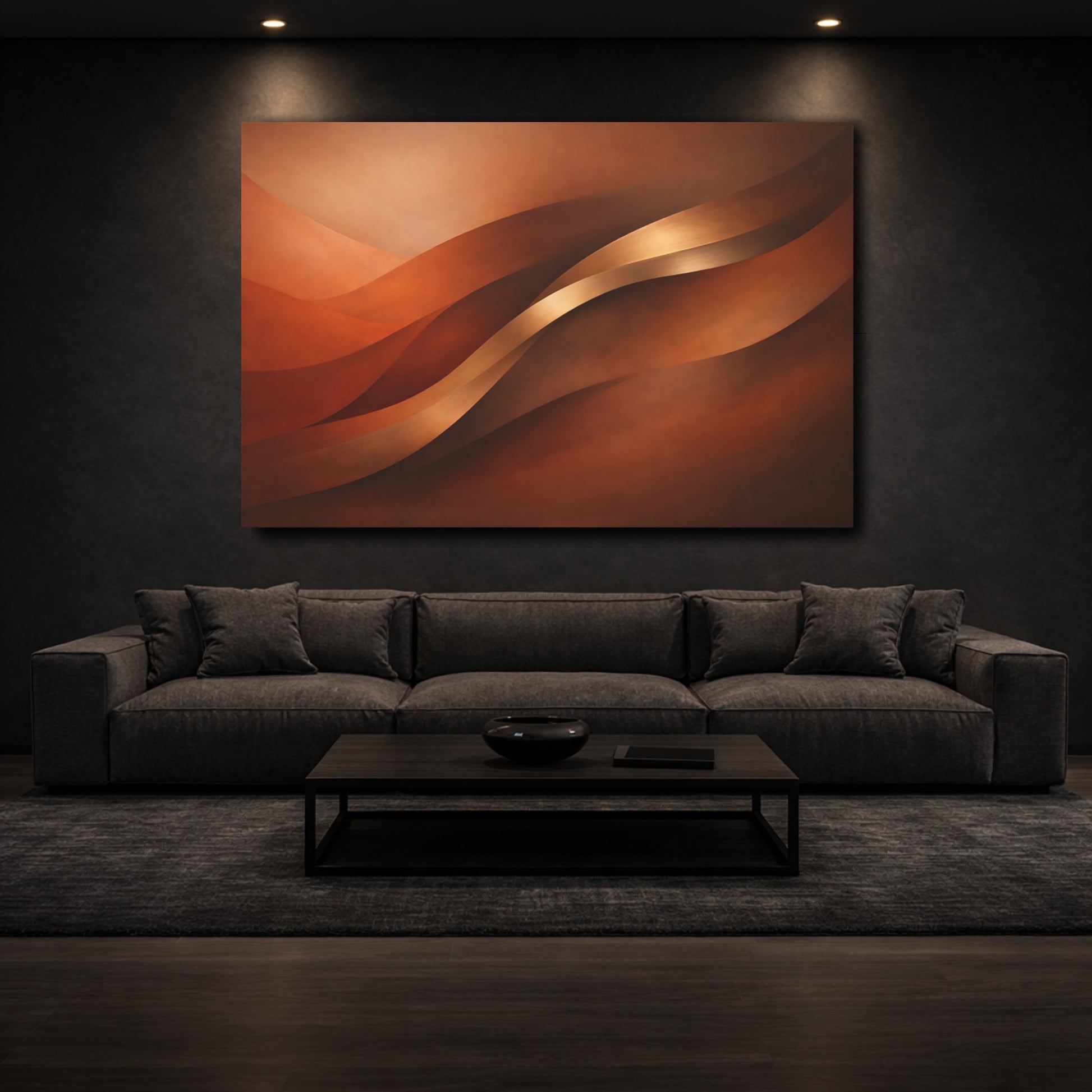 Mockup 2. Abstract Abstract Waves Bronze Terracotta shown as stretched canvas wall art